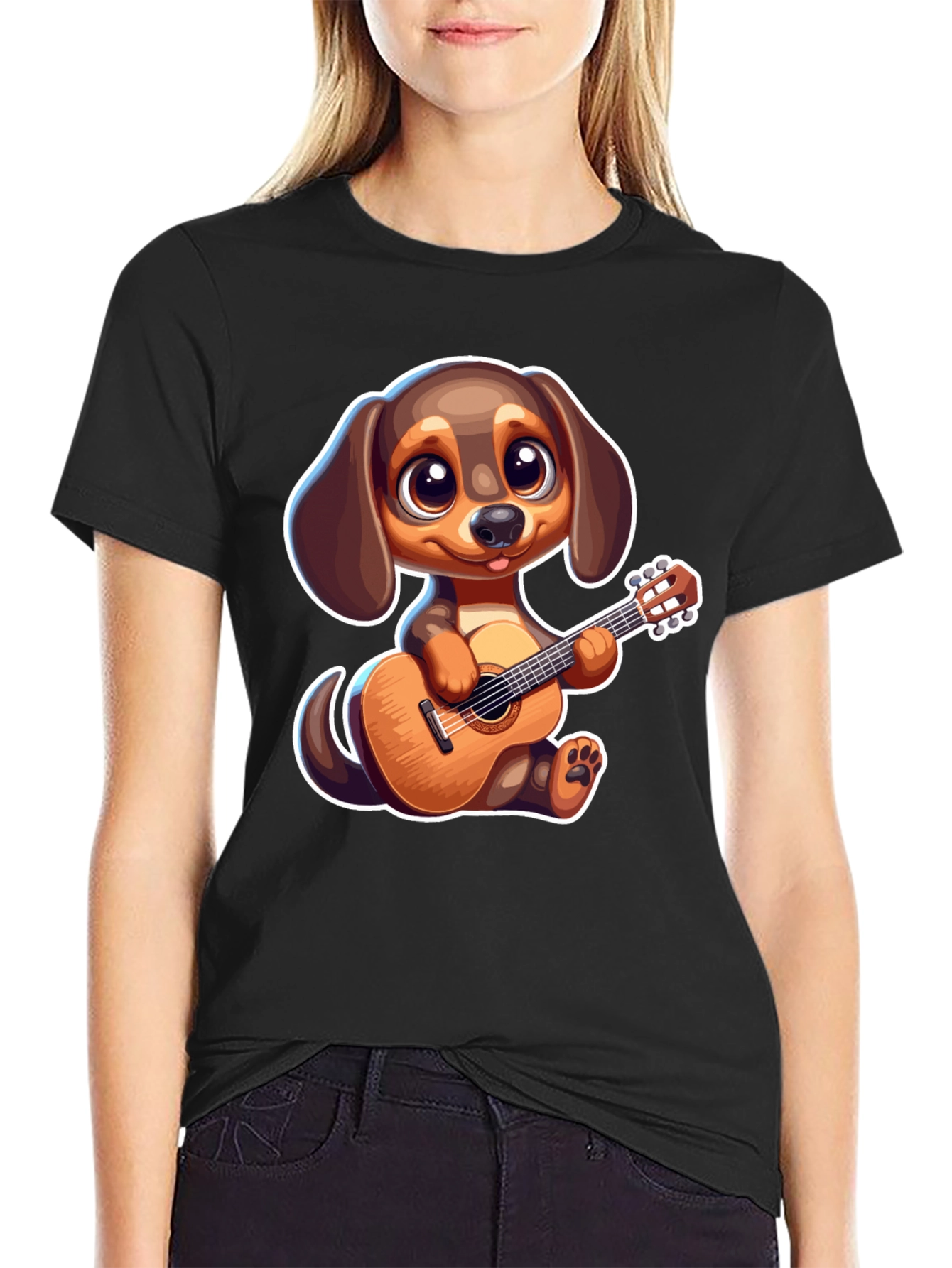 Black Cartoon Dog Playing Guitar T-Shirt view 2