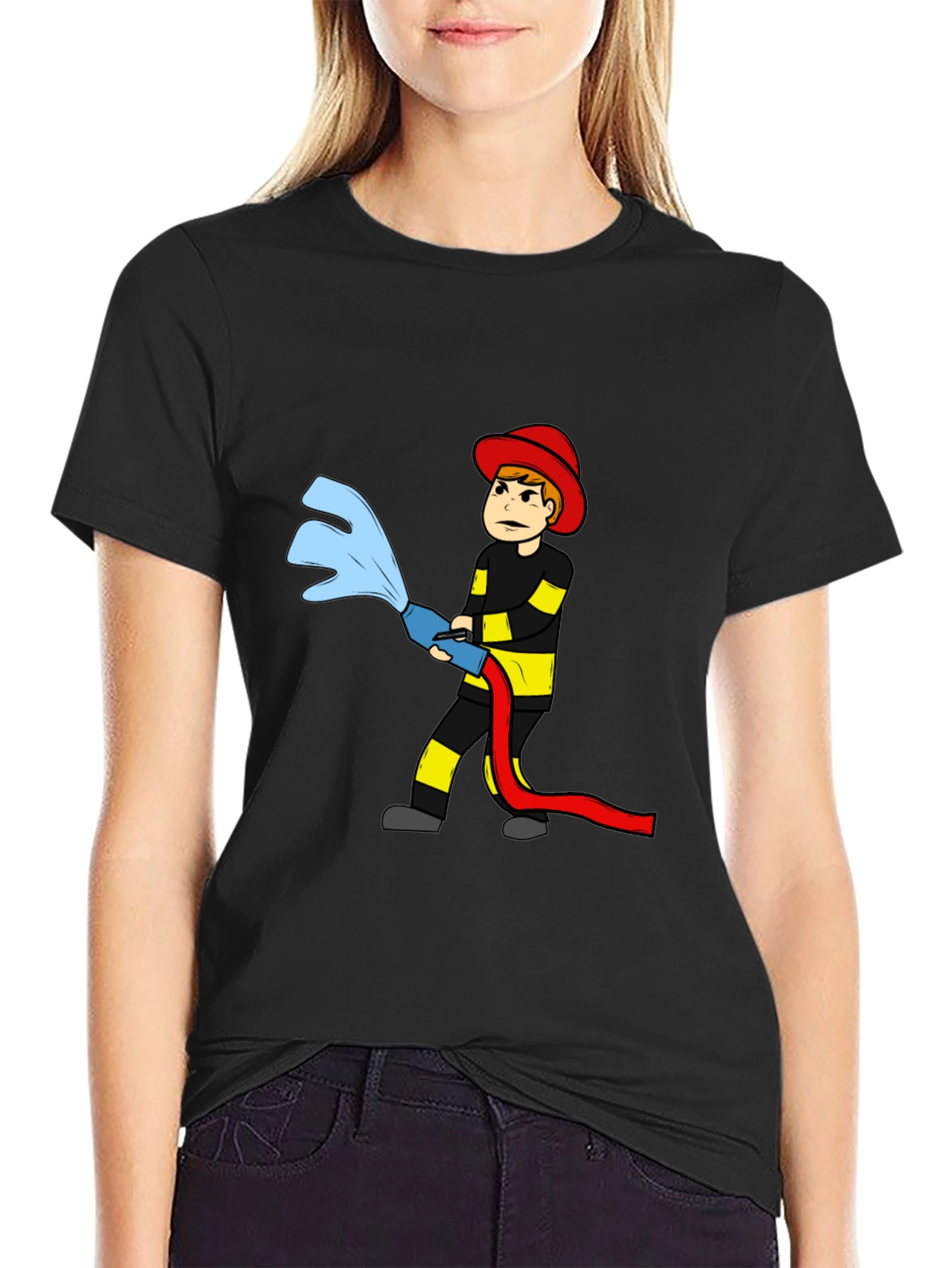 Black Cartoon Firefighter T-Shirt view 2