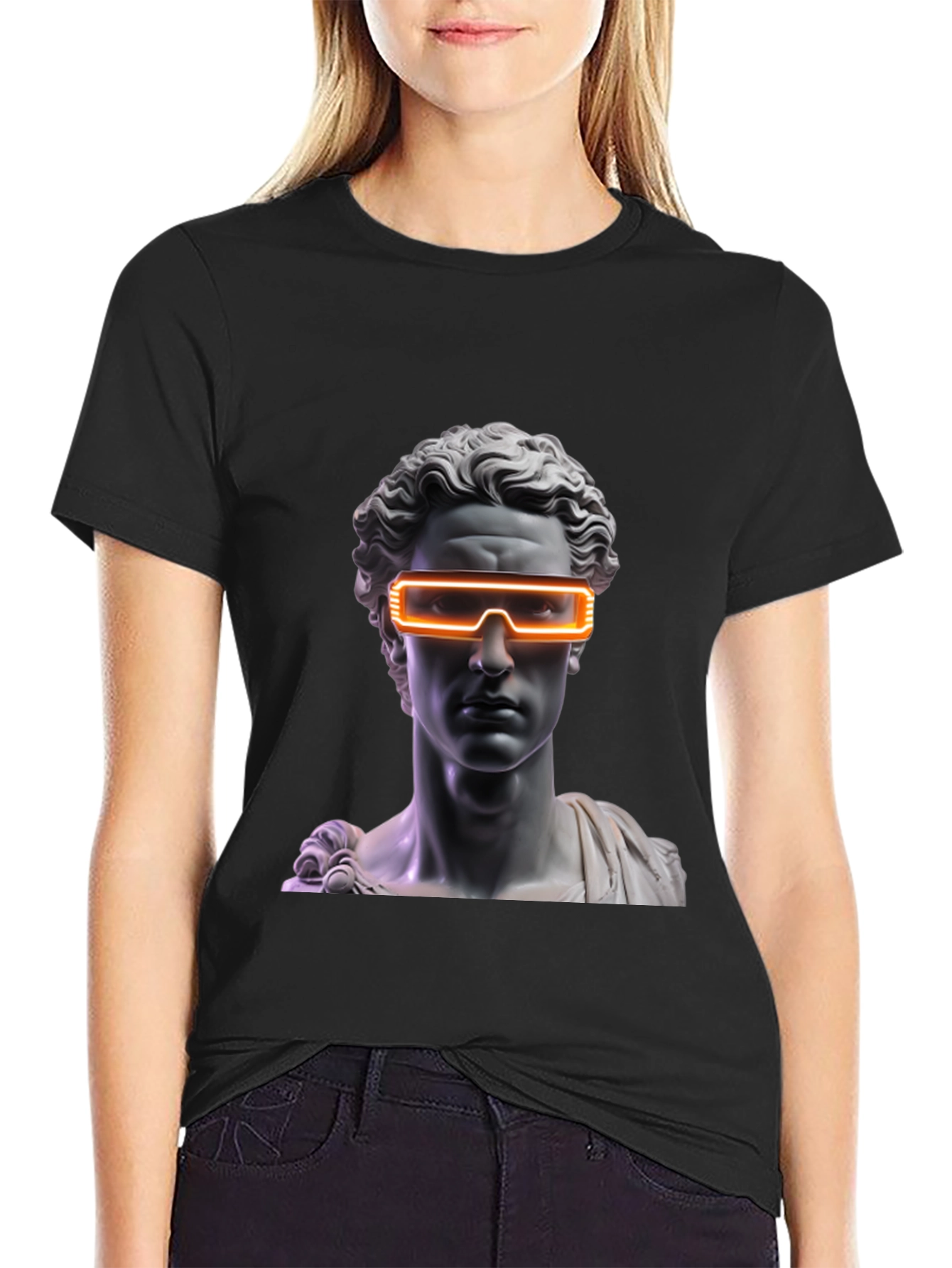 Black Neon Statue Graphic Tee - Modern Art T-Shirt view 2