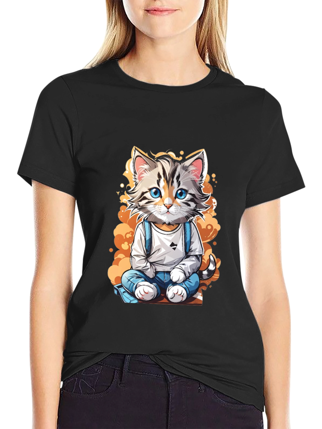 Black Cute Cartoon Cat Graphic Tee view 2