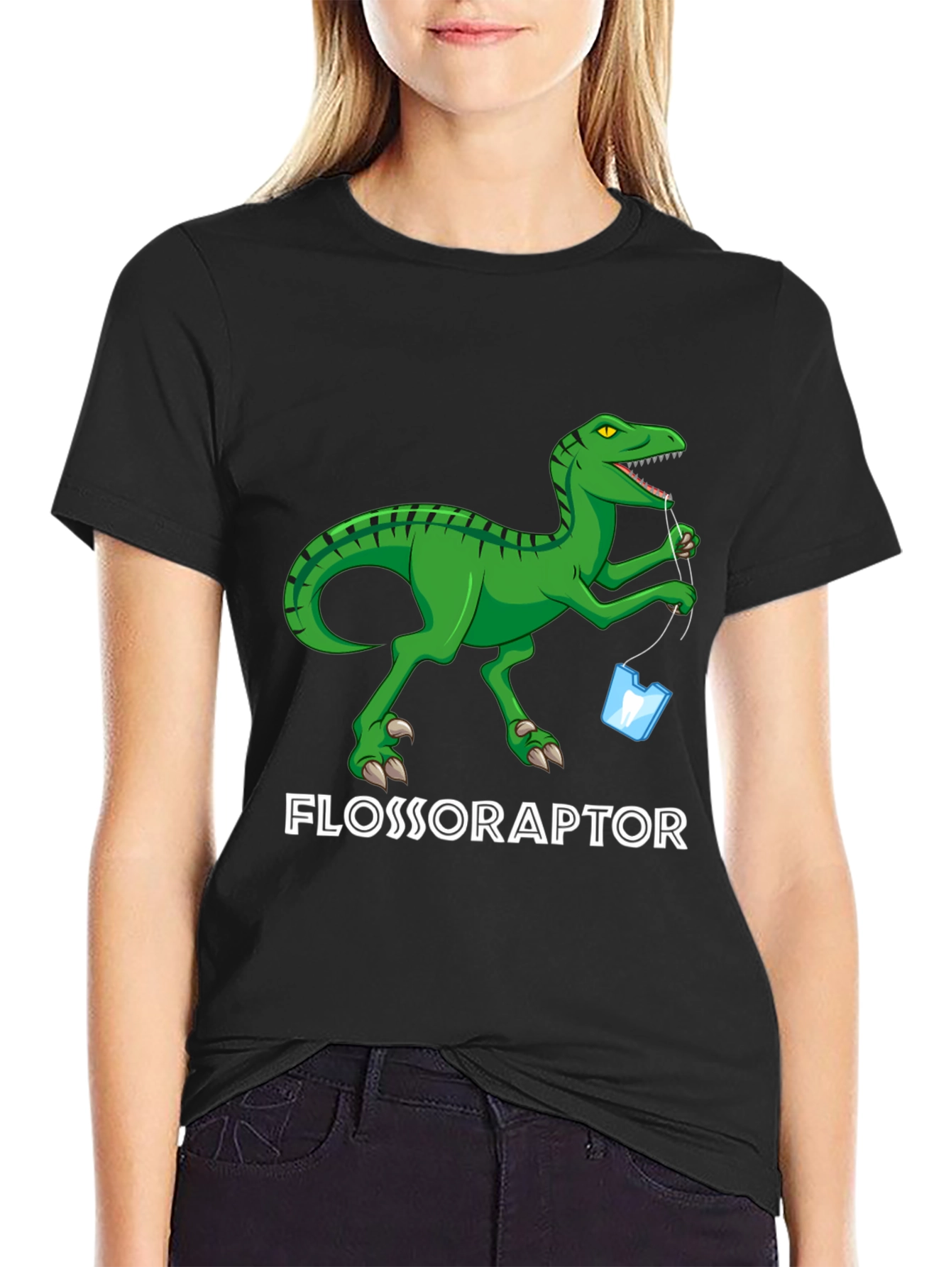 Black Flossoraptor Graphic Tee - Dental Humor Dinosaur T-Shirt view 2