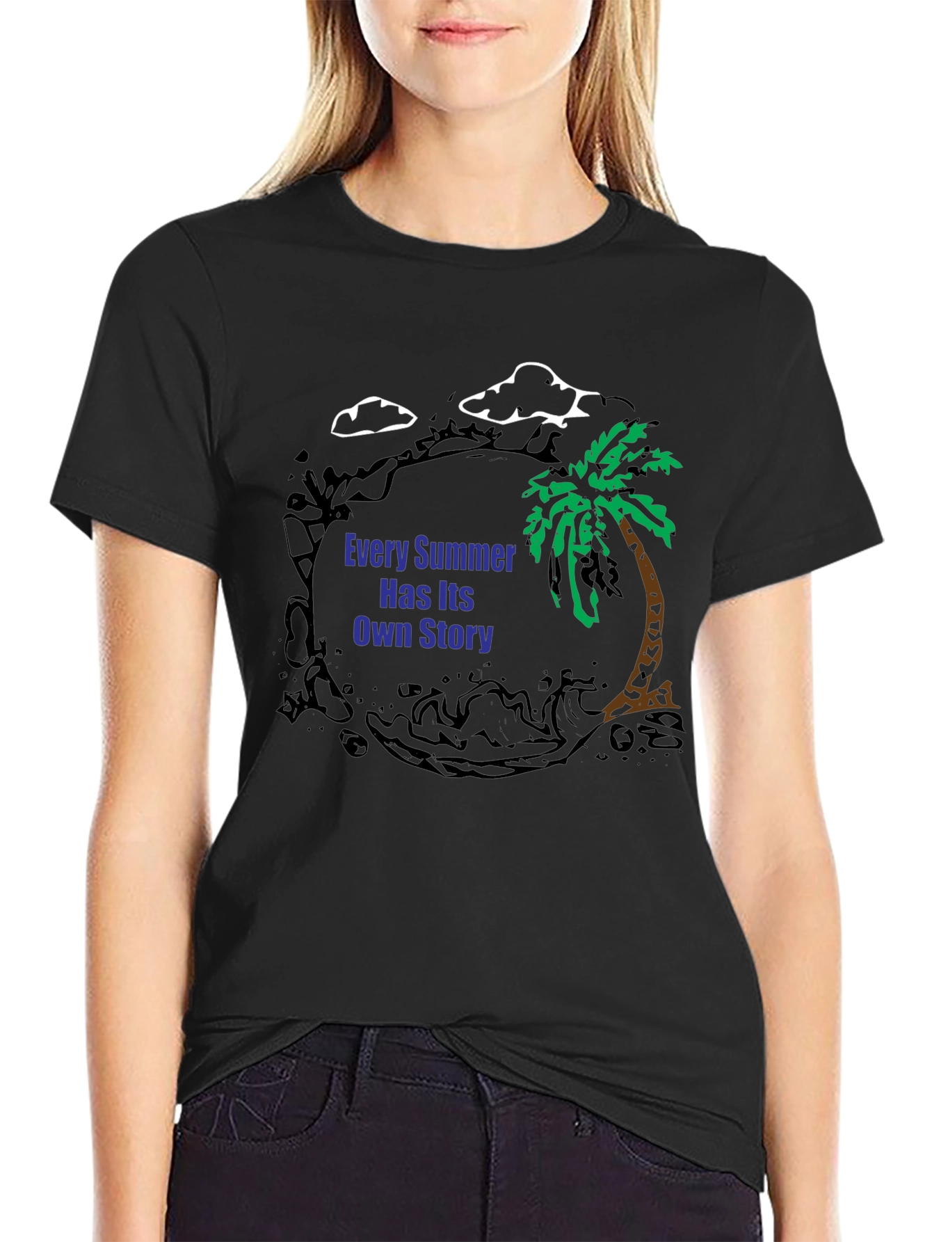 Black Summer Story Black T-Shirt: Palm Tree Design view 2