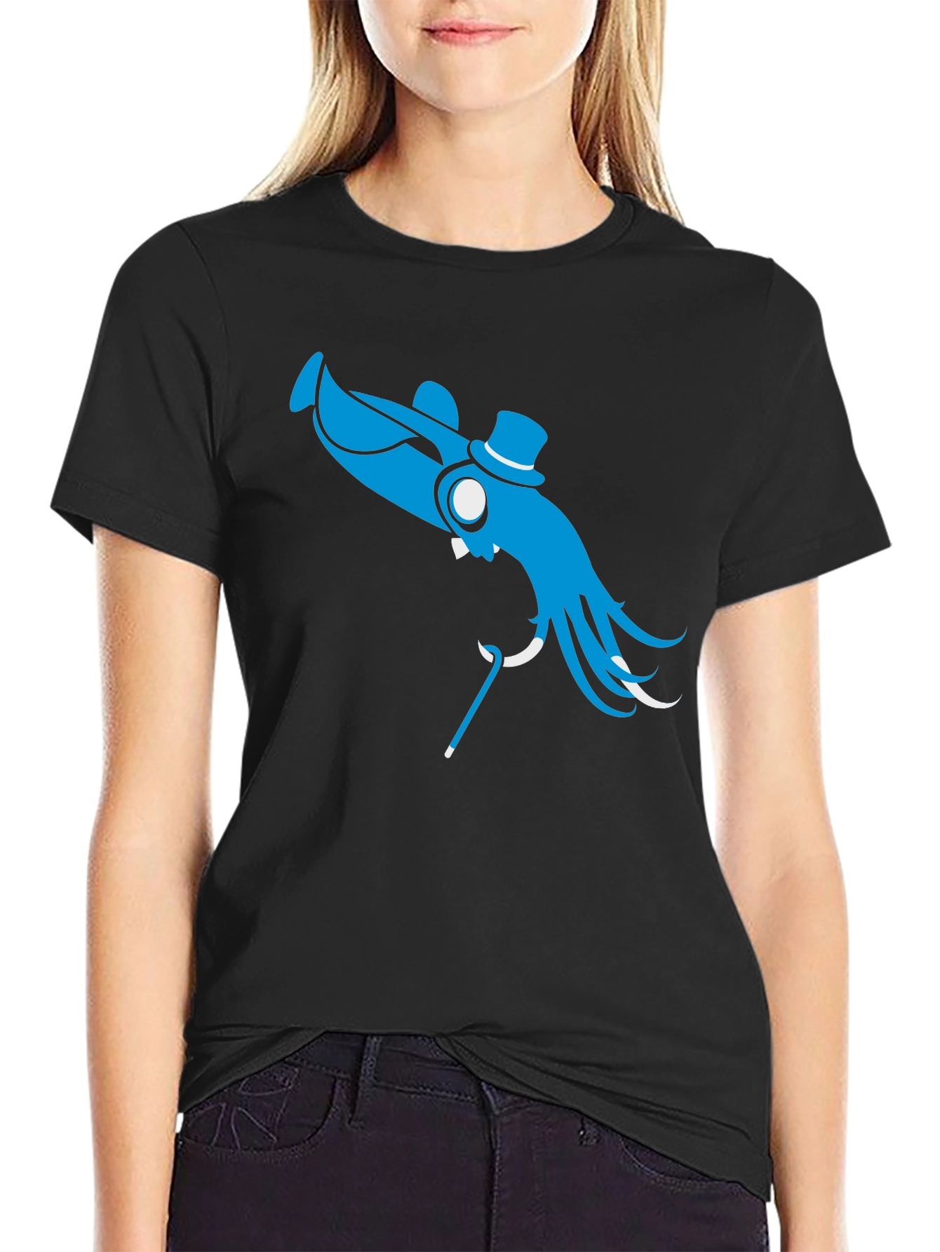 Black Blue Octopus Top Hat Cane T-Shirt - Unique Design view 2