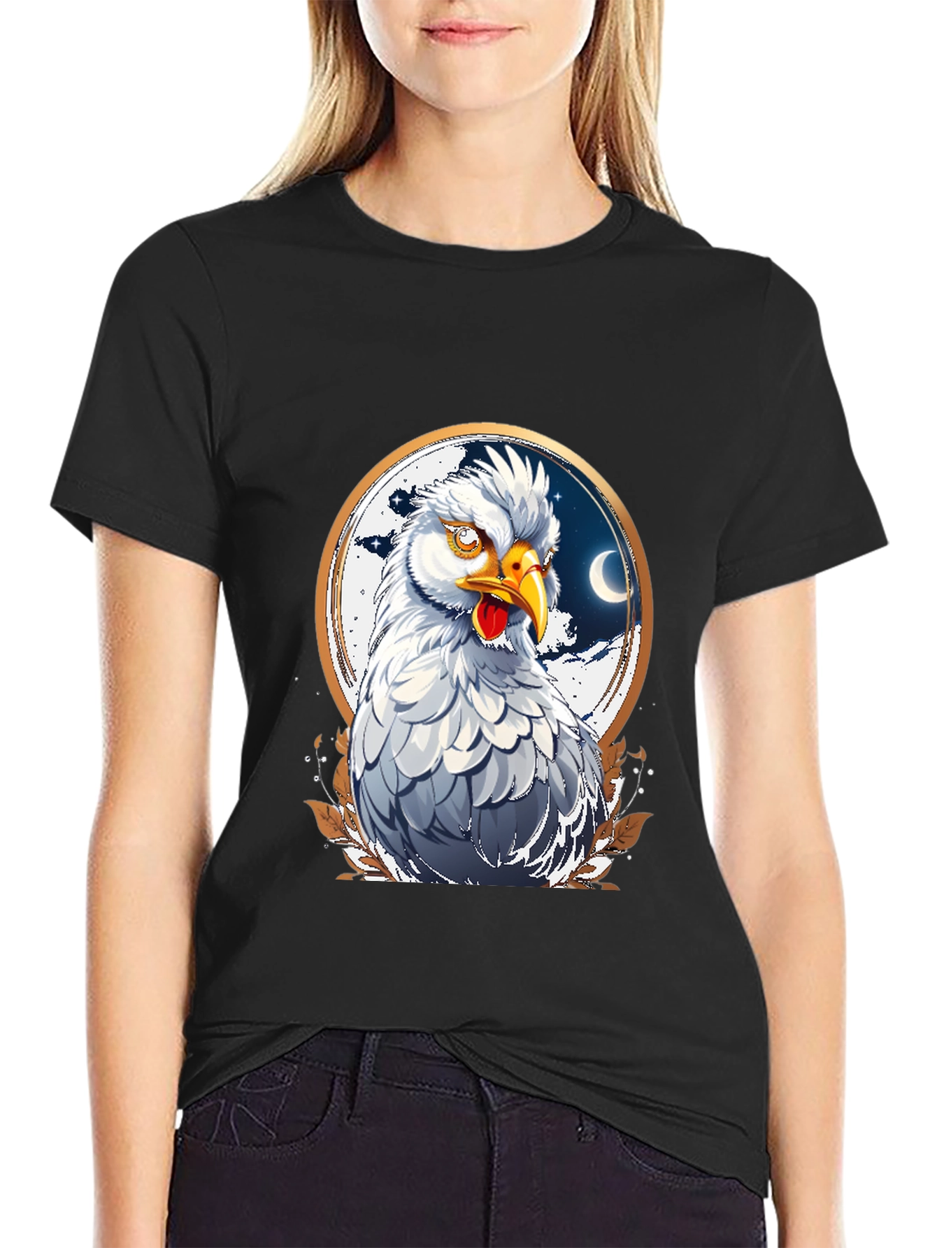 Black Hen in Crescent Moon Circle Graphic T-Shirt view 2
