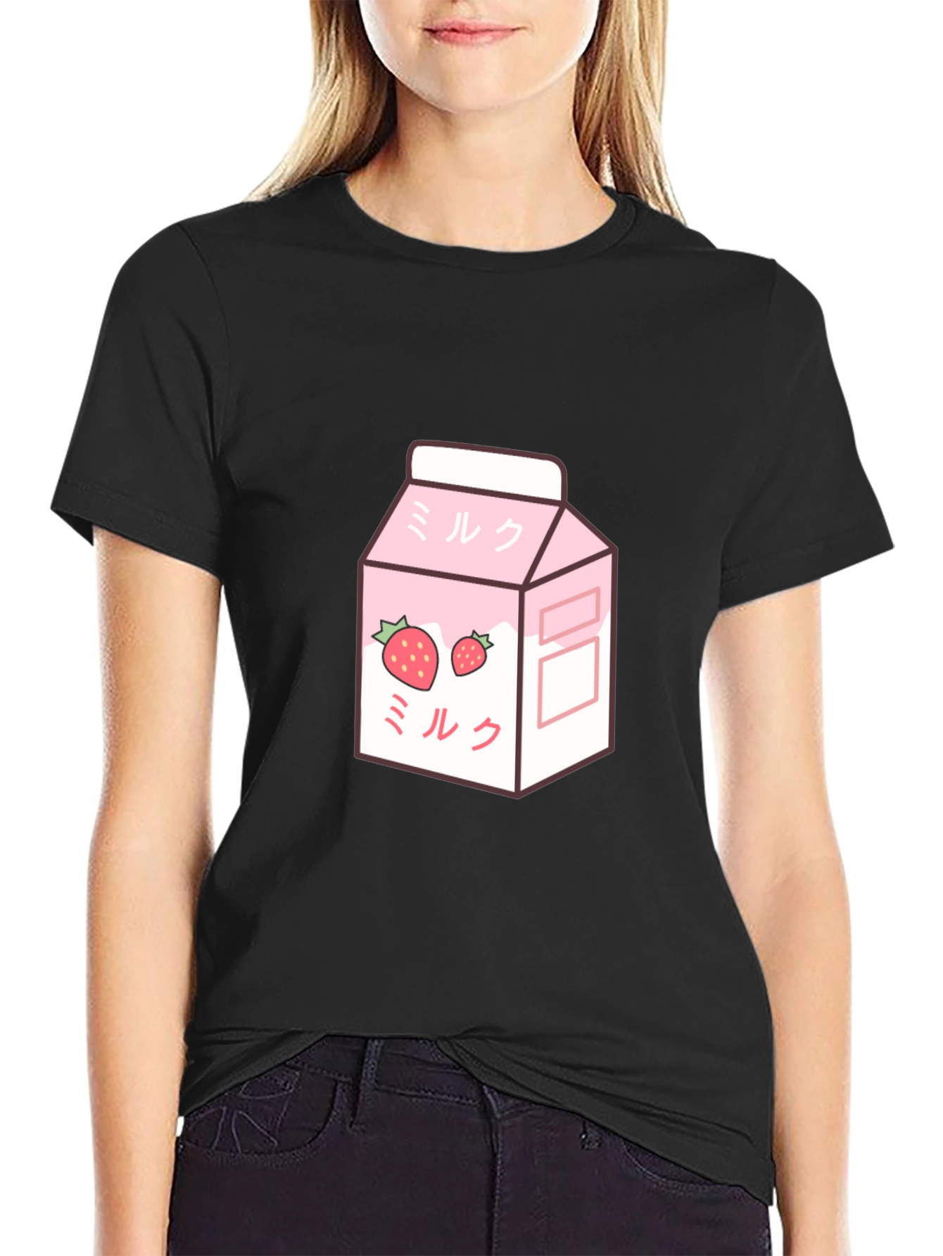 Black Strawberry Milk Cartoon Graphic T-Shirt view 2