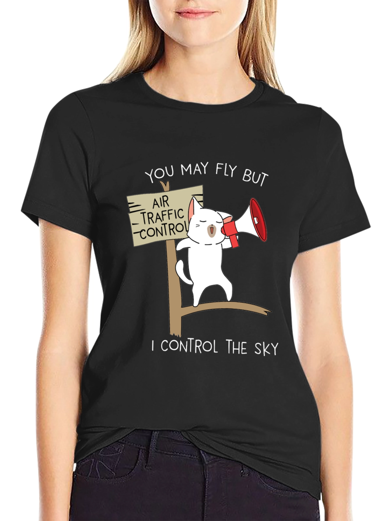 Black Funny Air Traffic Control Cat T-Shirt view 2