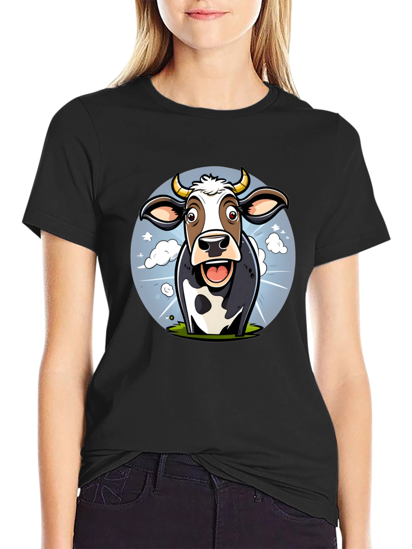 Black Funny Cow Cartoon Graphic Print Black T-Shirt view 2