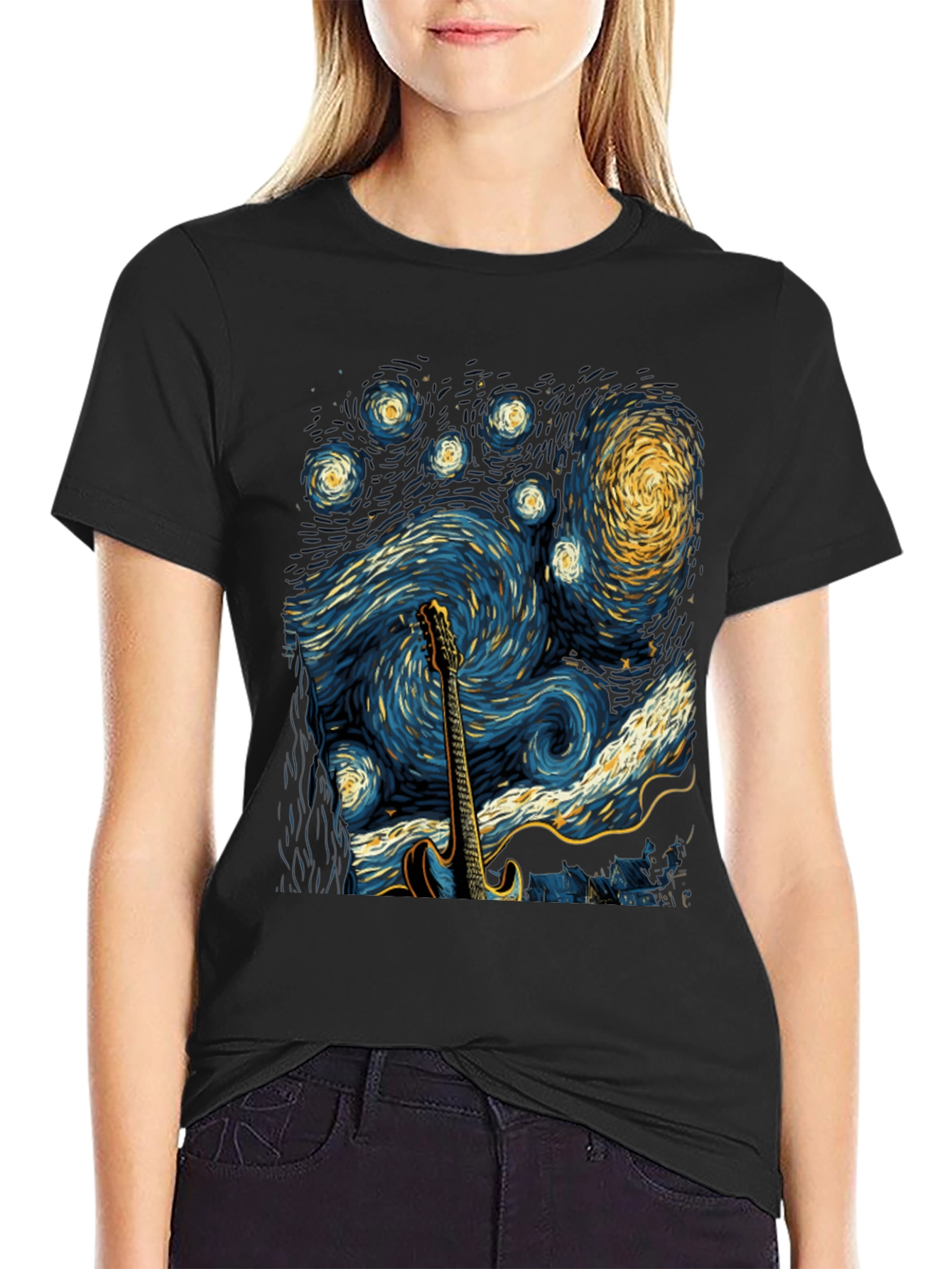 Black Starry Night Guitar T-Shirt view 2