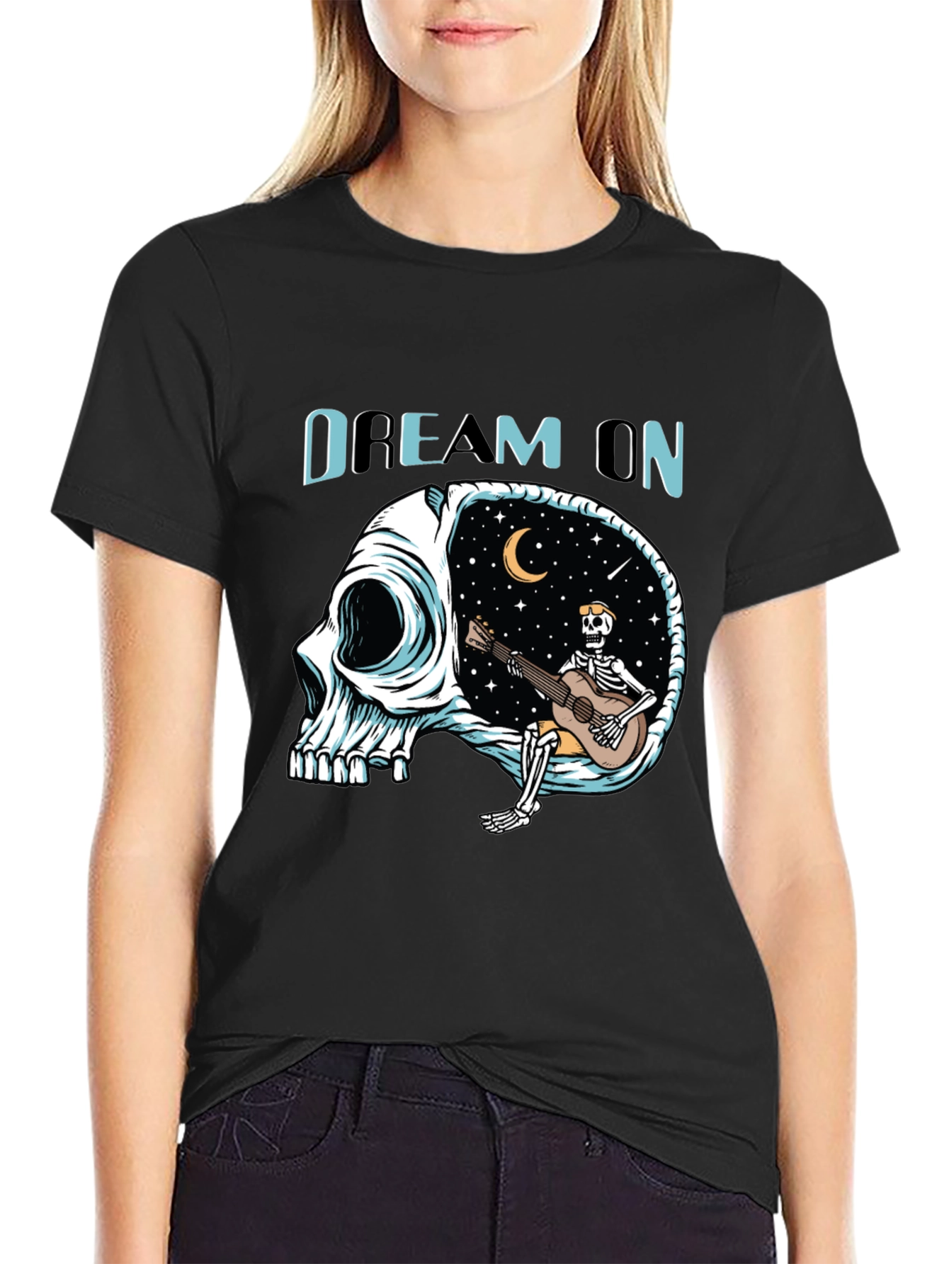 Black Dream On Skull Graphic Tee - Unique Black T-Shirt view 2