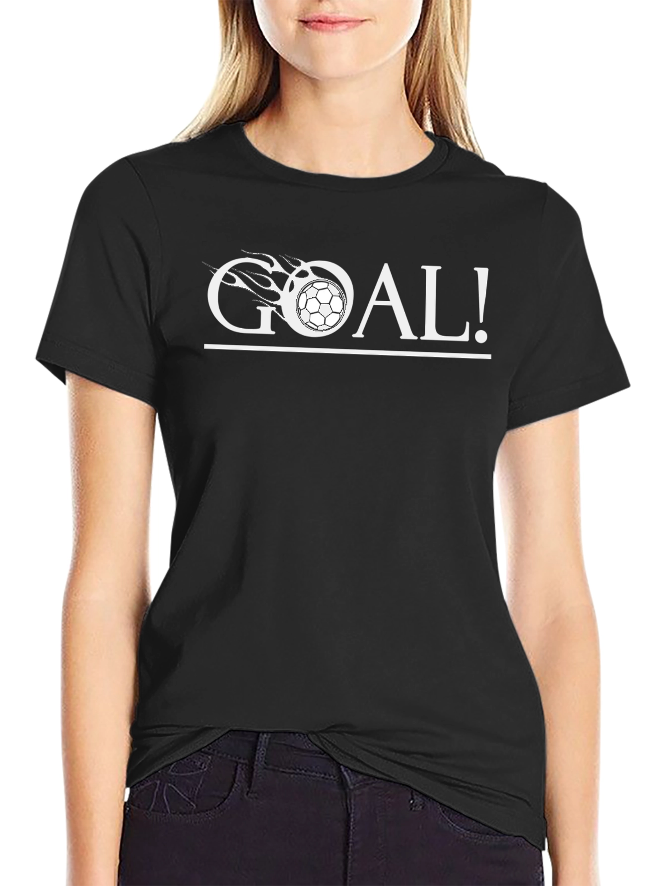 Black Goal! Soccer Ball Flames Graphic Tee - Black Cotton T-Shirt view 2