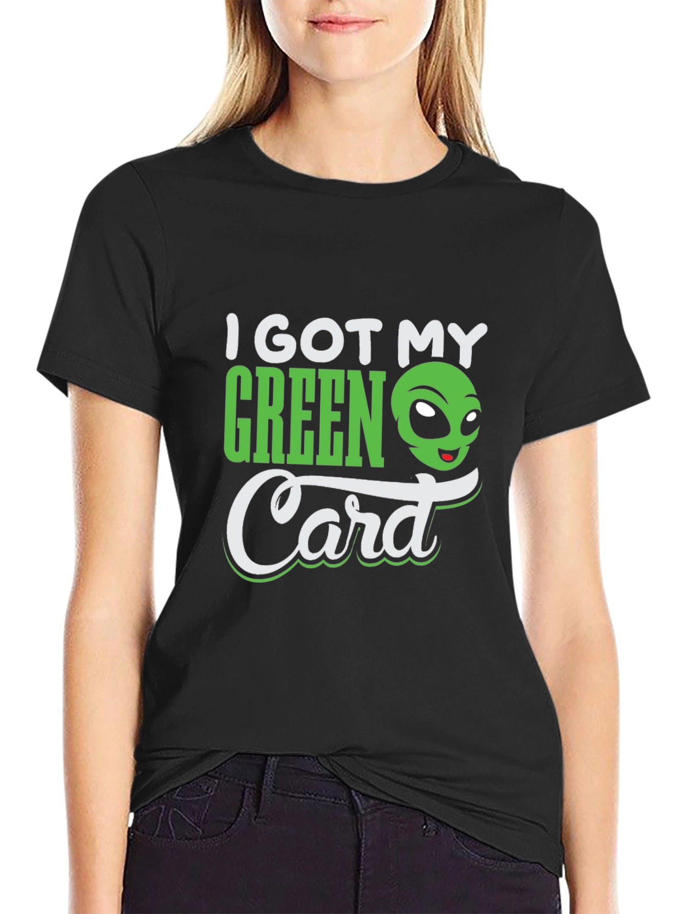 Black I Got My Green Card Funny Alien T-Shirt view 2