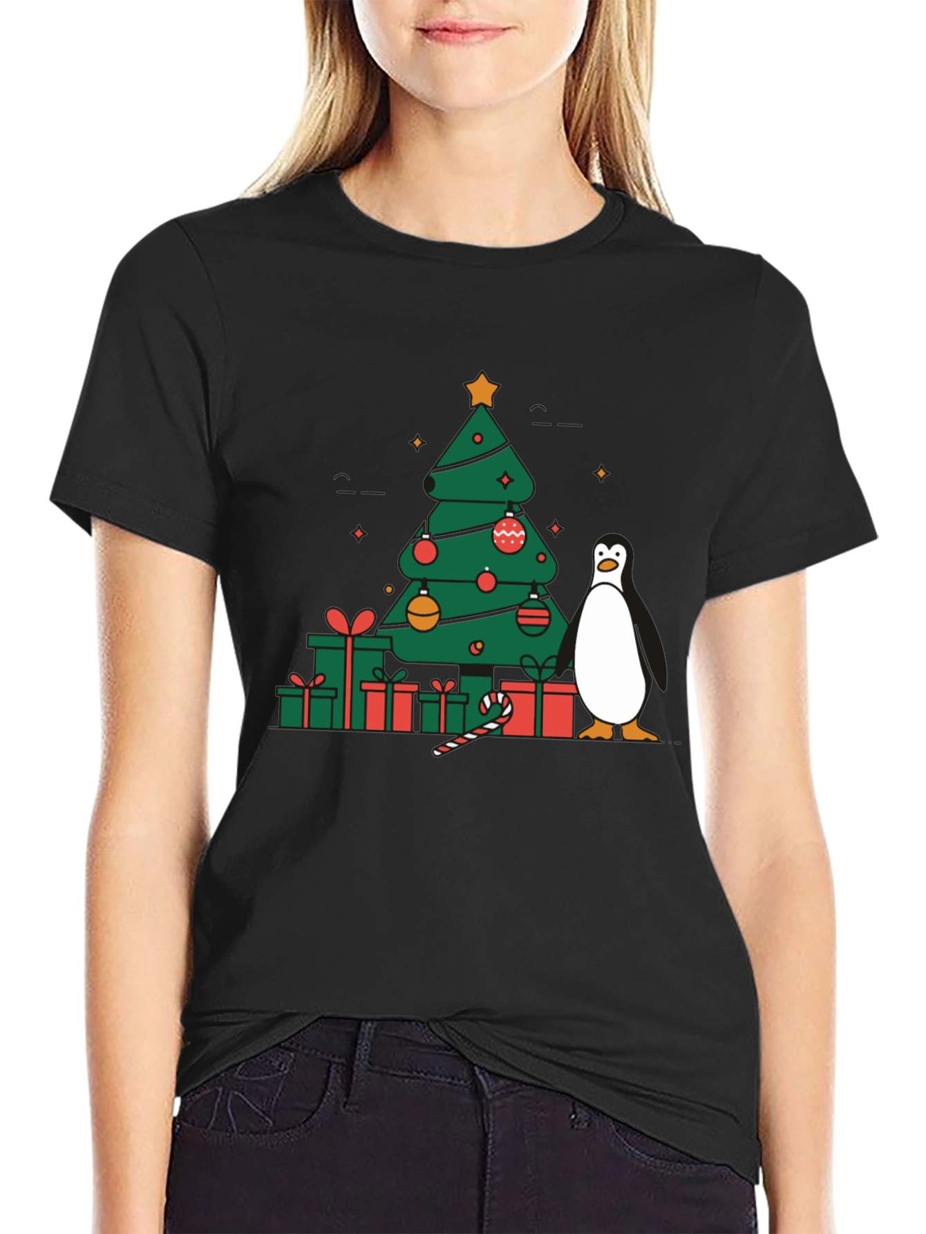 Black Festive Christmas Tree & Penguin Graphic Tee view 2