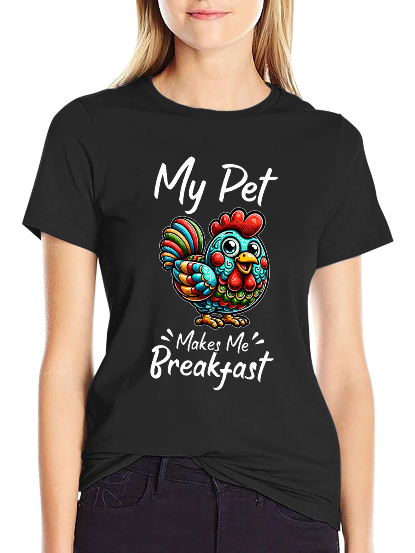 Black Funny Chicken T-Shirt - "My Pet Makes Me Breakfast" view 2