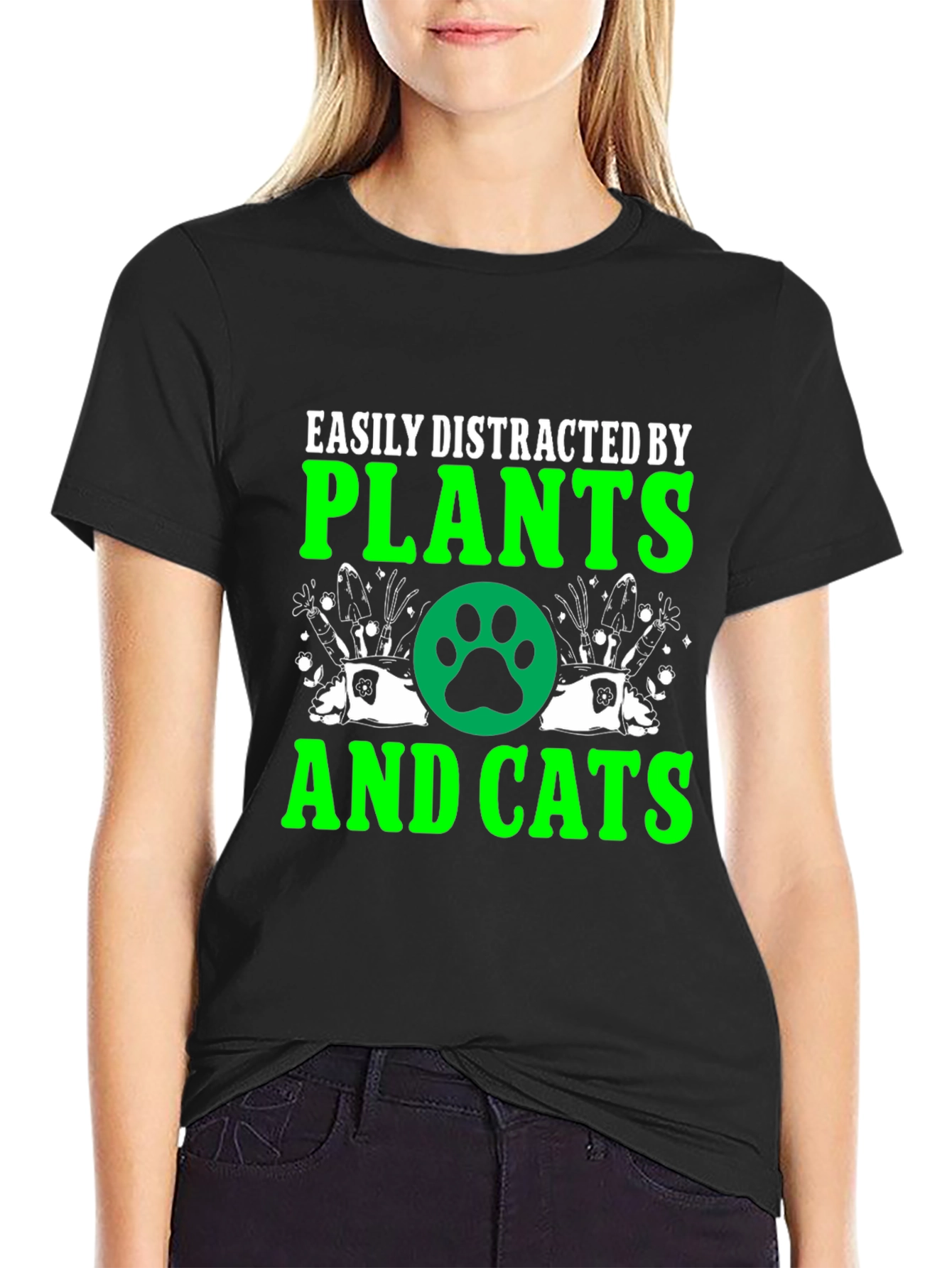 Black Easily Distracted by Plants and Cats T-Shirt view 2