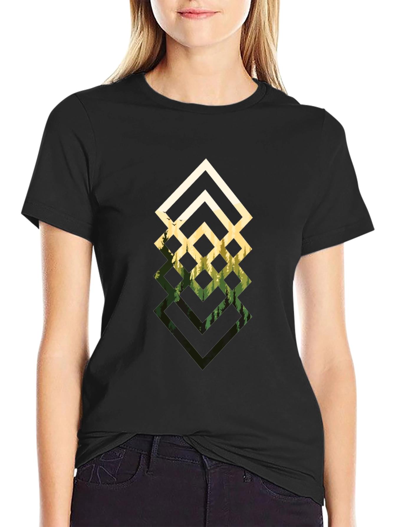 Black Geometric Forest Black T-Shirt view 2