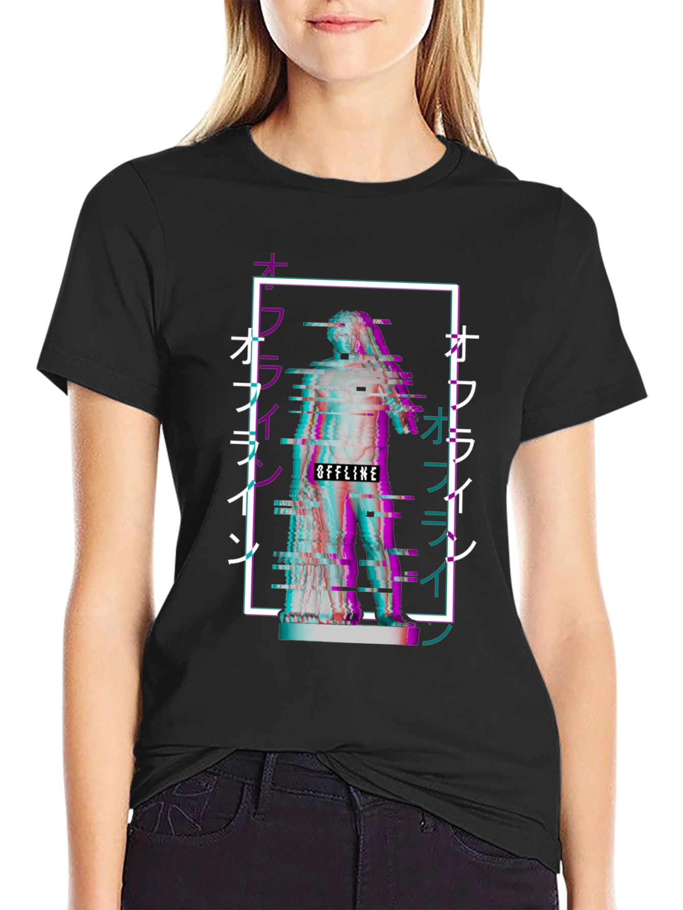 Black Offline Vaporwave Statue Graphic Tee - Black view 2