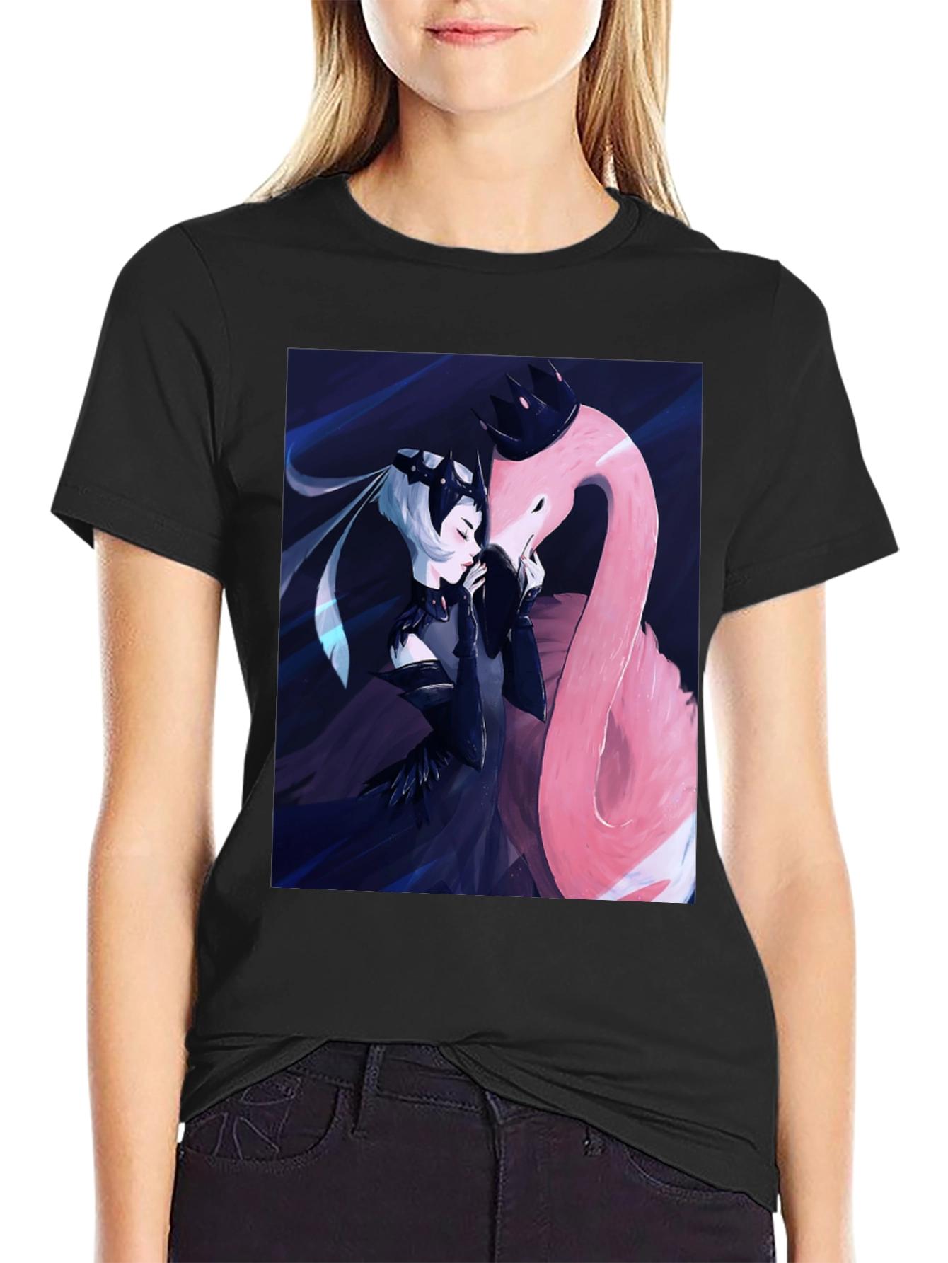 Black Black T-Shirt with Fantasy Flamingo Design view 2