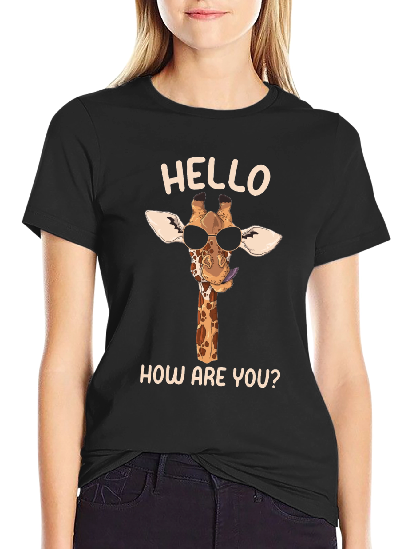 Black Cool Giraffe Tee: Hello, How Are You? Black Shirt view 2
