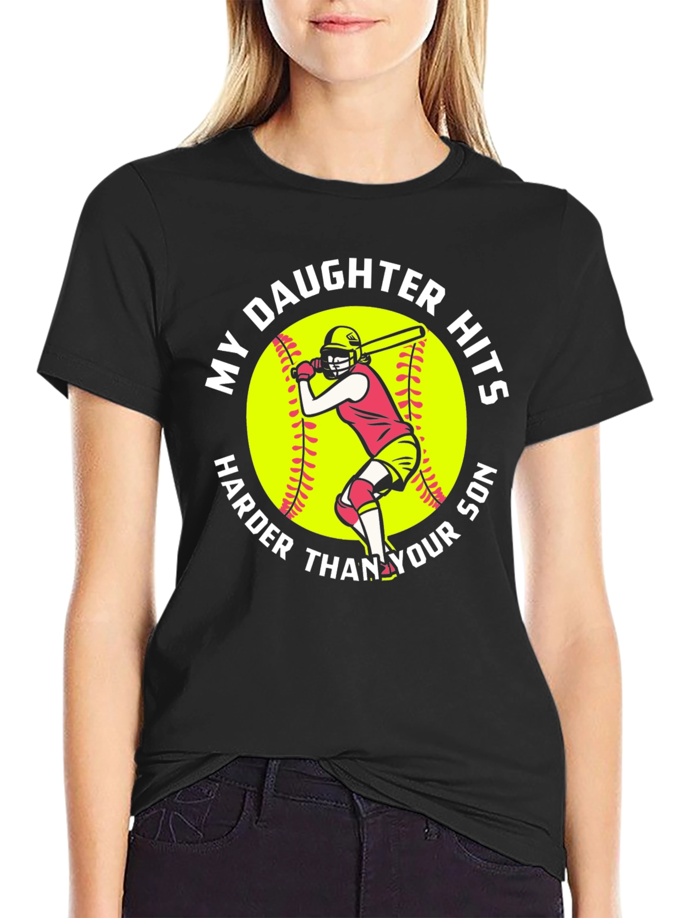 Black My Daughter Hits Harder Funny Softball Graphic Tee view 2
