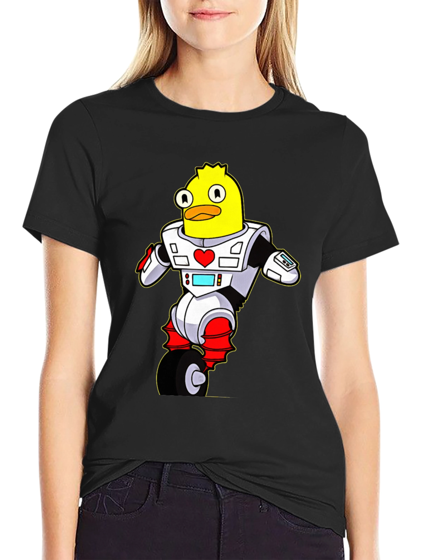 Black Robot Duck T-Shirt - Sci-Fi Cartoon Tee view 2