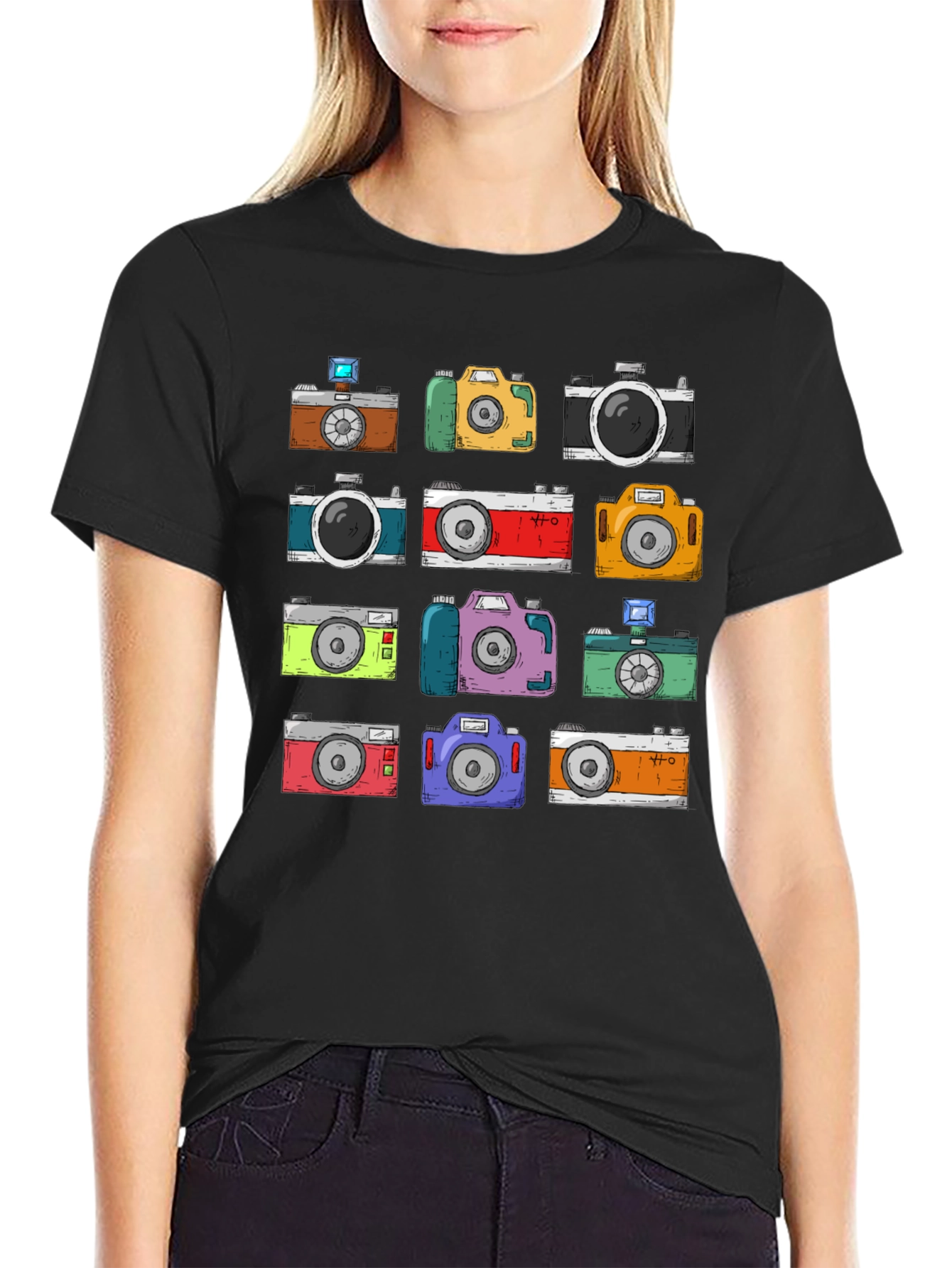 Black Retro Camera Pattern T-Shirt - Photographer Style view 2