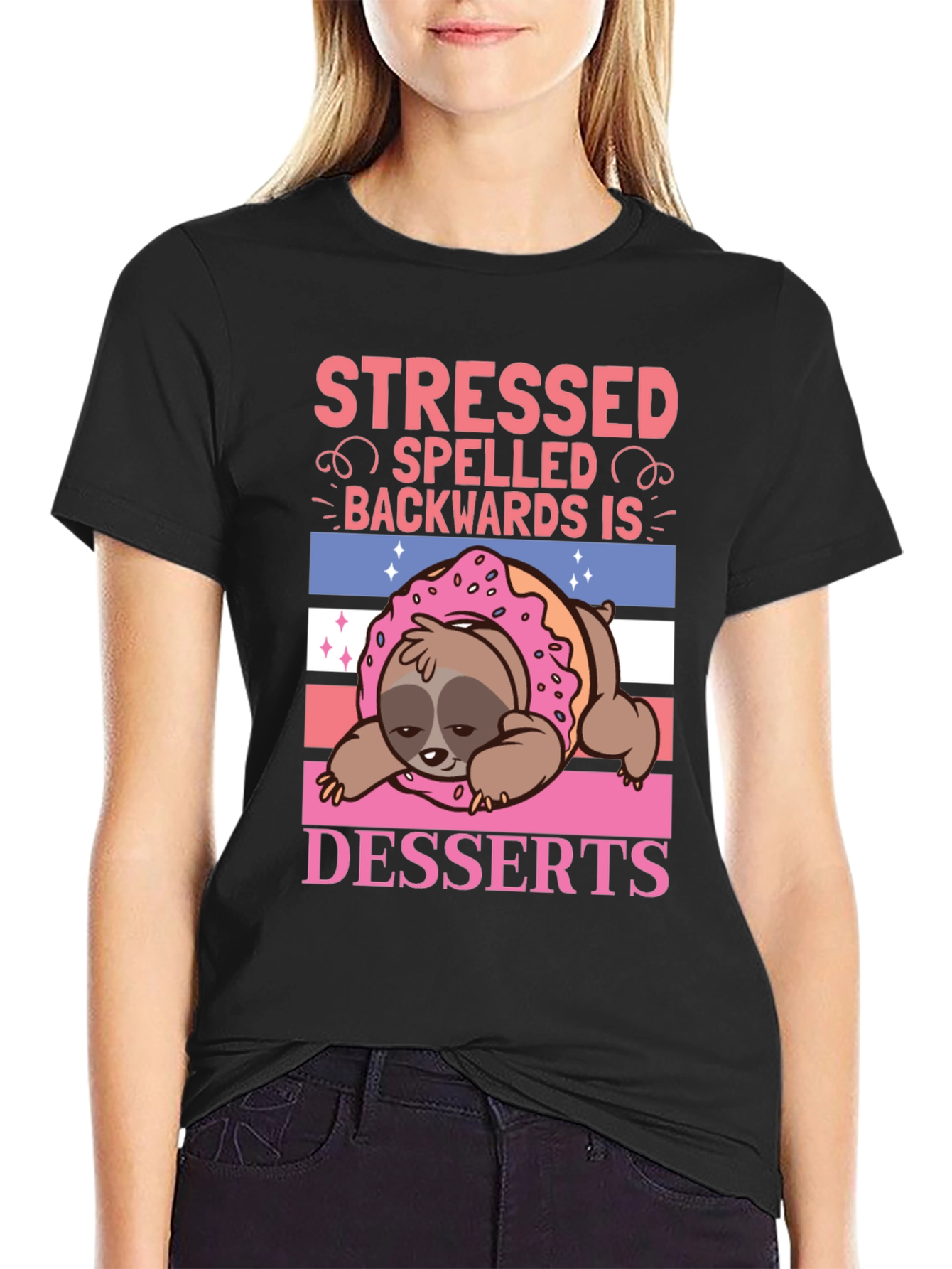 Black Stressed Backwards Desserts Sloth T-Shirt view 2