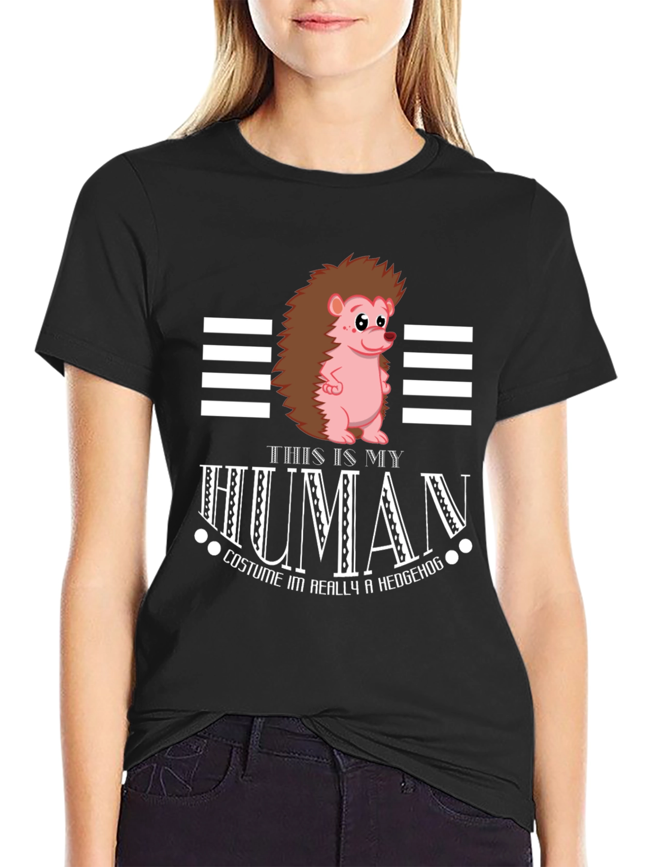 Black Funny Hedgehog Human Costume T-Shirt view 2