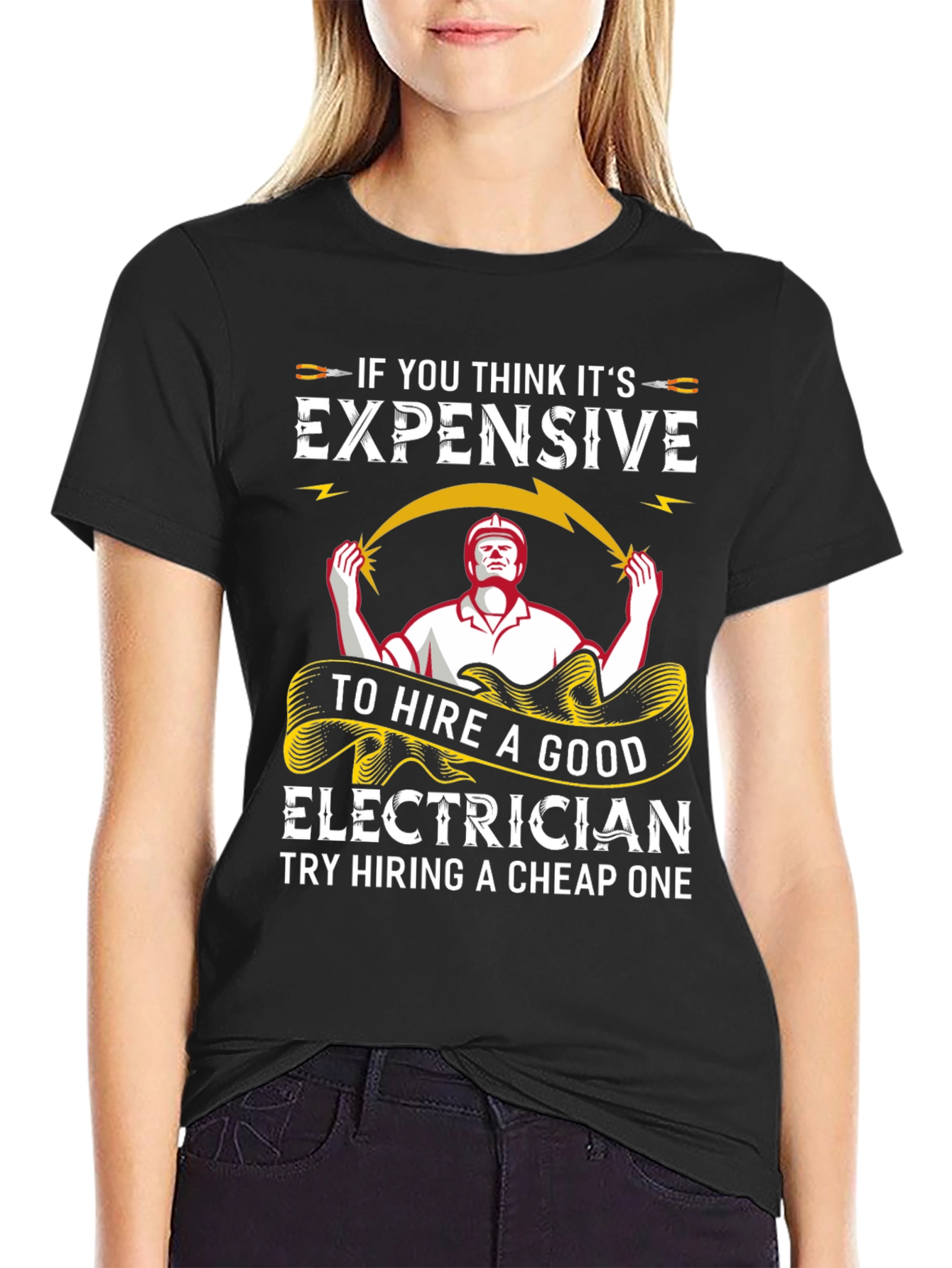 Black Electrician Humor T-Shirt - Good vs Cheap Service view 2