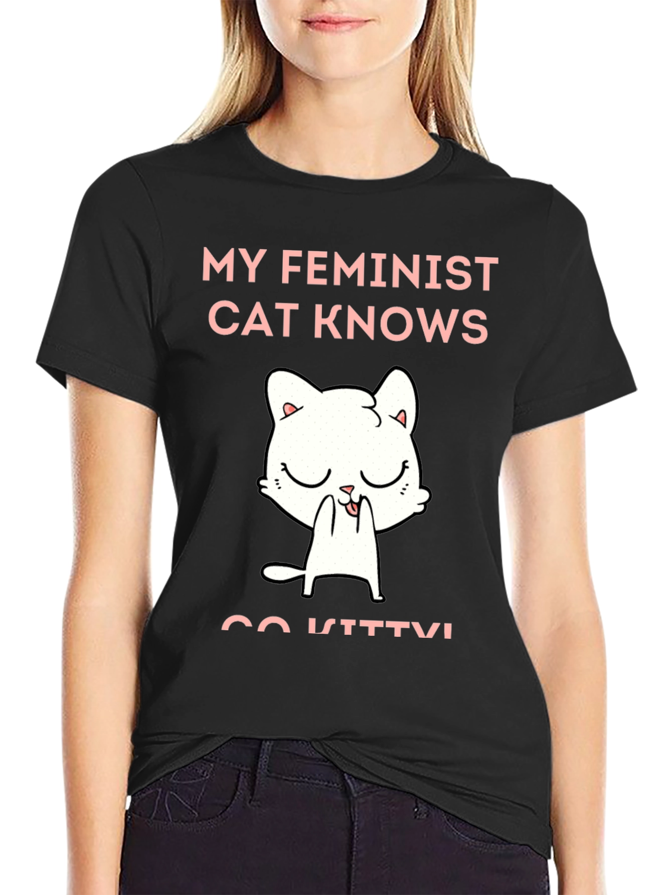 Black Feminist Cat Graphic T-Shirt - Unisex Cotton Tee view 2