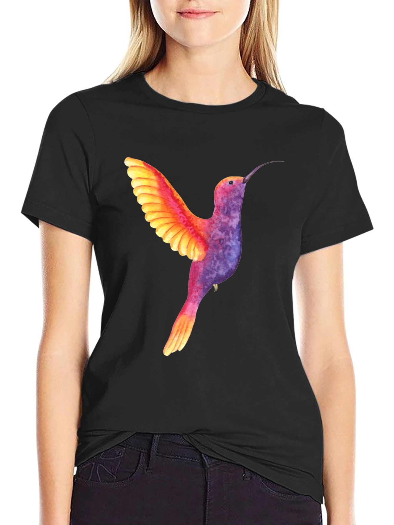 Black Hummingbird Graphic Tee - Colorful Bird Design view 2