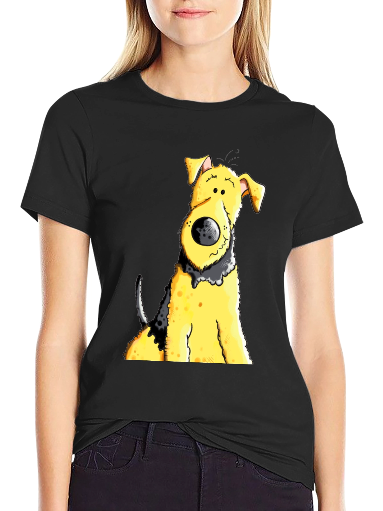 Black Cartoon Dog Graphic Tee - Black Cotton Blend view 2