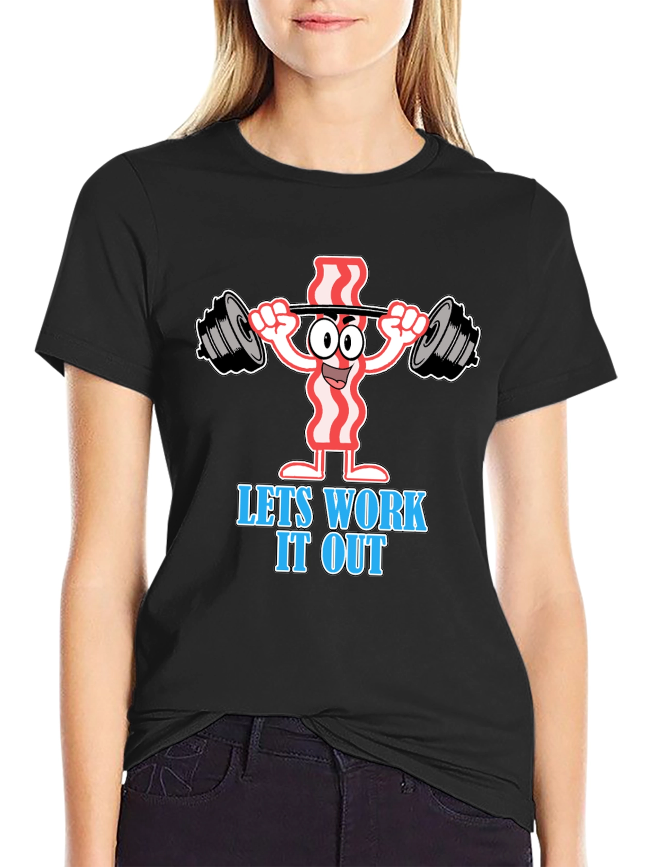 Black Funny Bacon Workout T-Shirt: Let's Work It Out! view 2