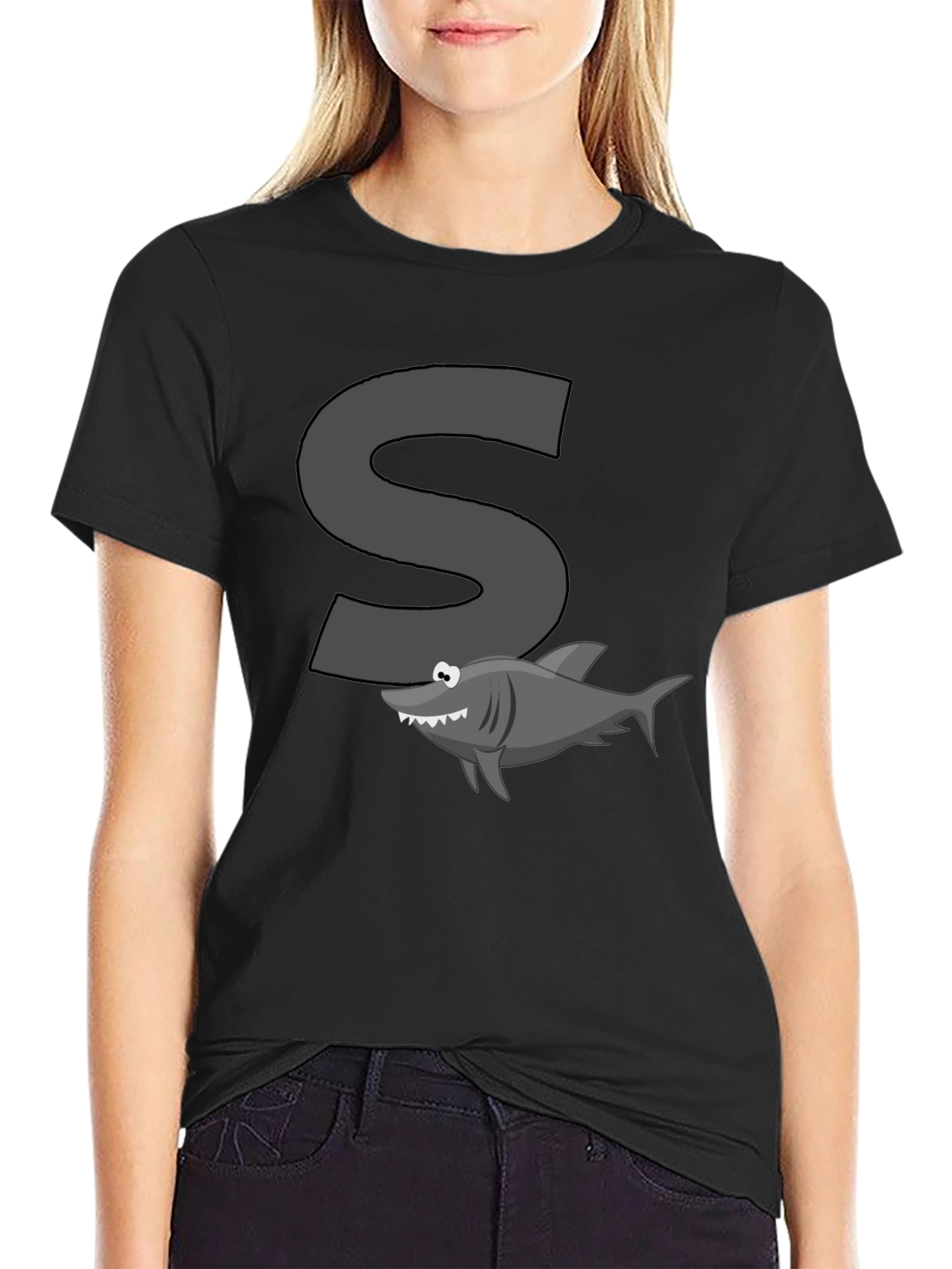 Black Shark S Letter Cartoon Black T-Shirt view 2