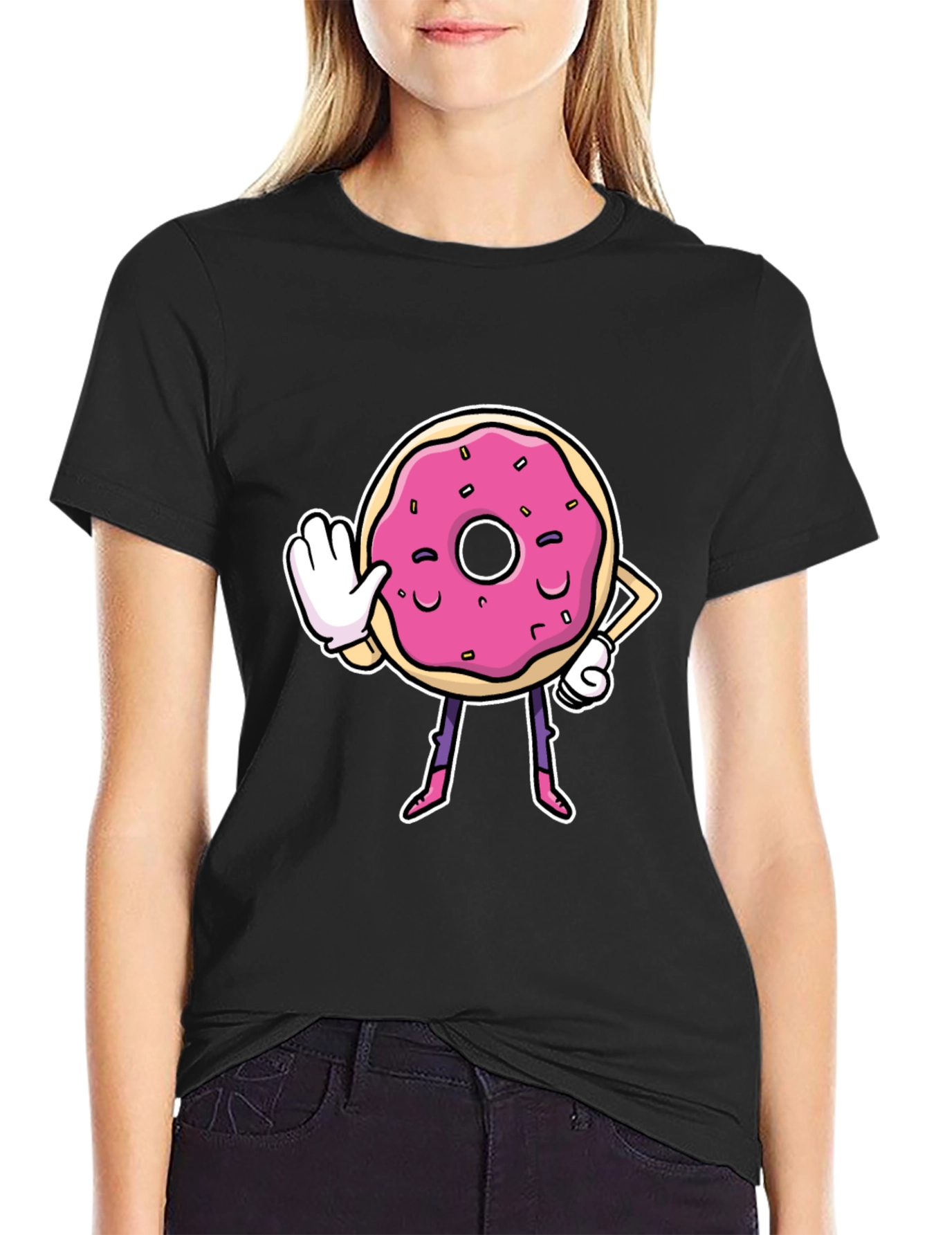 Black Funny Donut Cartoon Black T-Shirt view 2