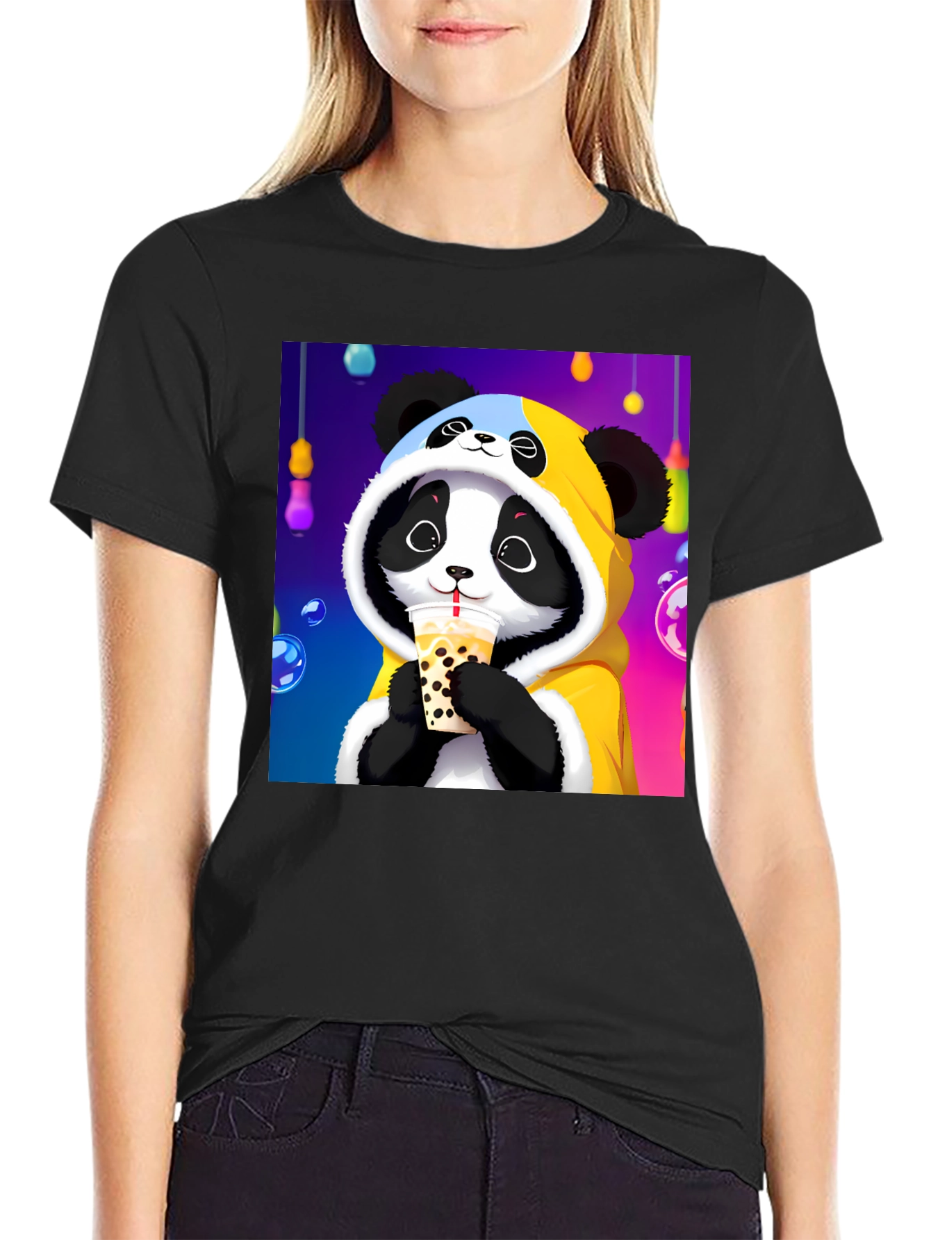 Black Cute Panda Boba Tea Graphic Tee view 2