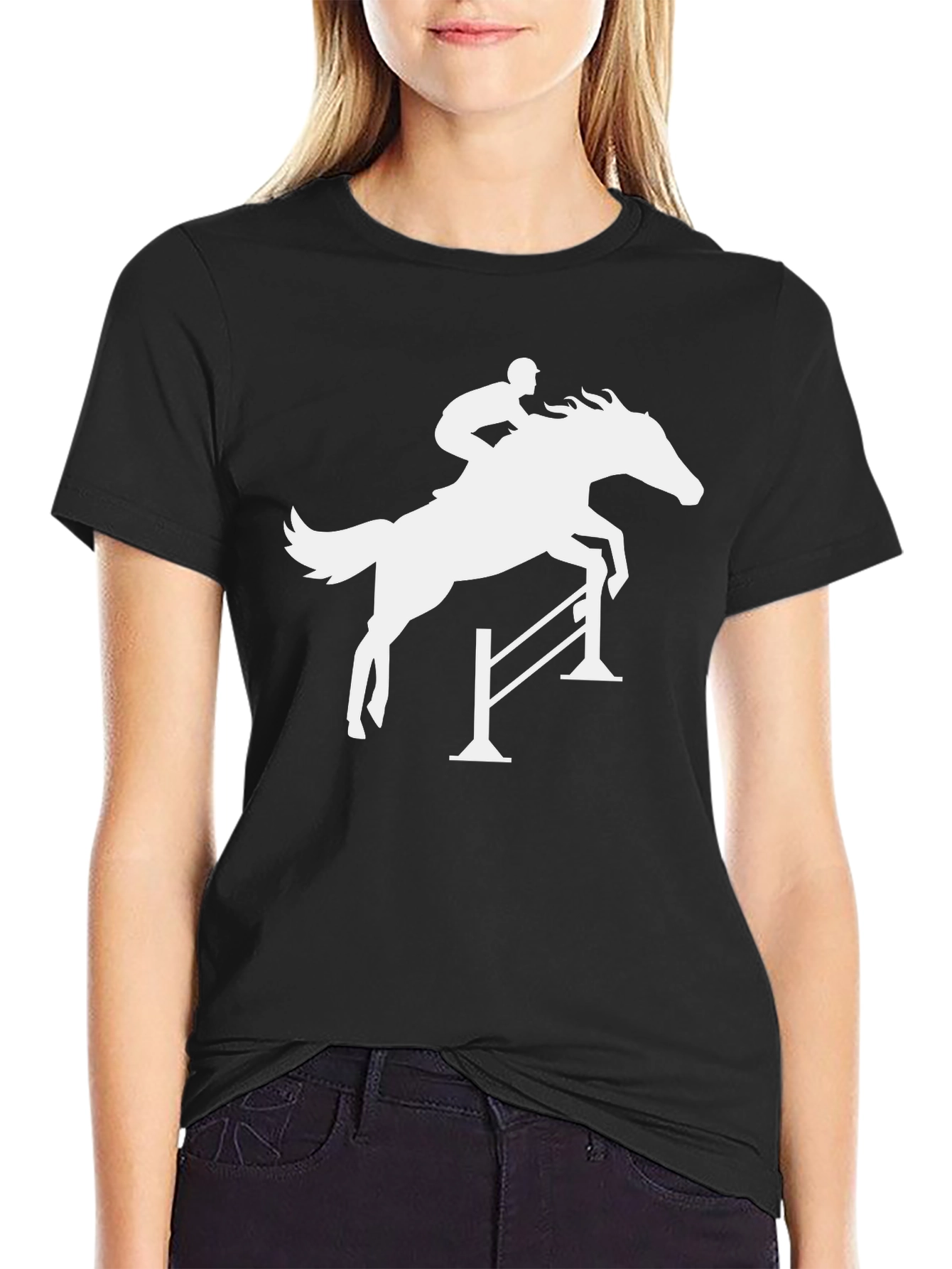 Black Equestrian Horse Jumping Silhouette Black T-Shirt view 2