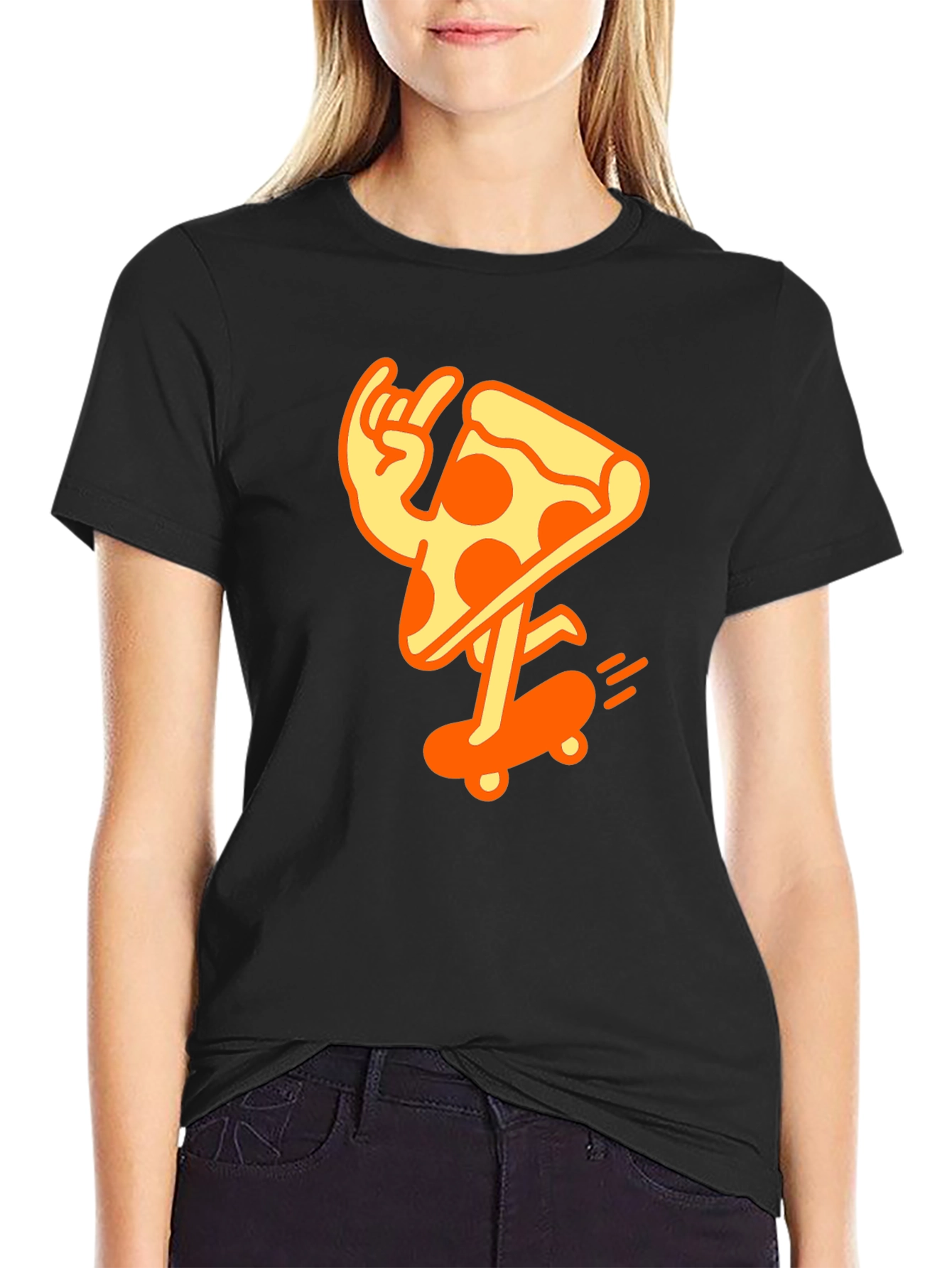 Black Cool Pizza Skater Graphic T-Shirt - Black Cotton Tee view 2