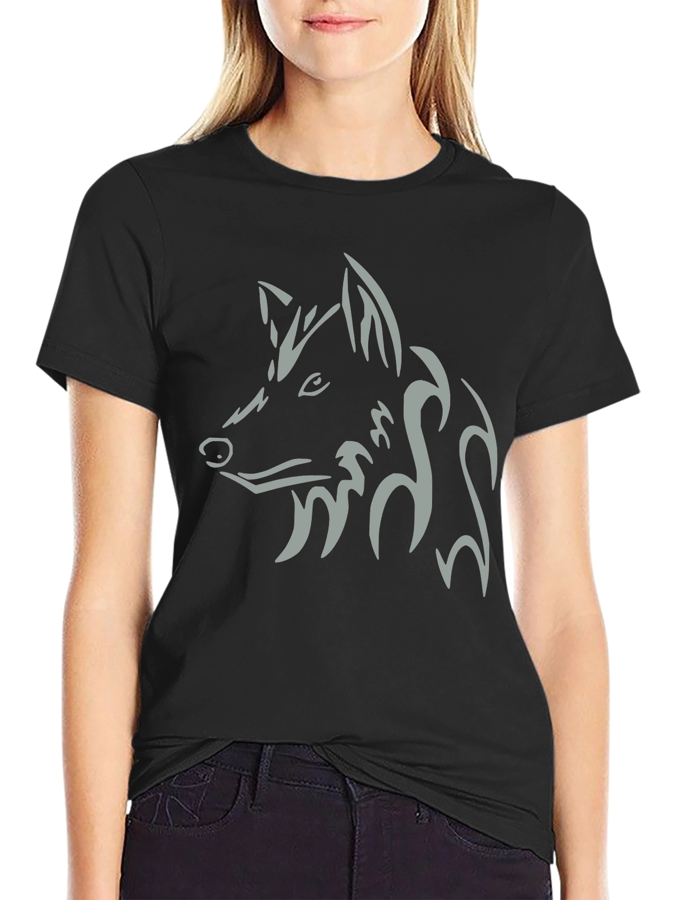 Men's Black T-Shirt with Tribal Wolf Design - 2