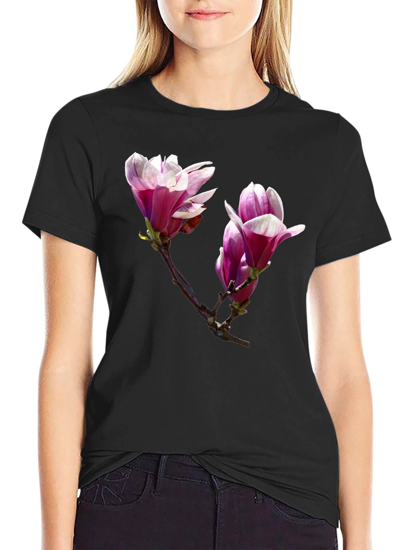 Black Floral Print Black T-Shirt - Botanical Design view 2