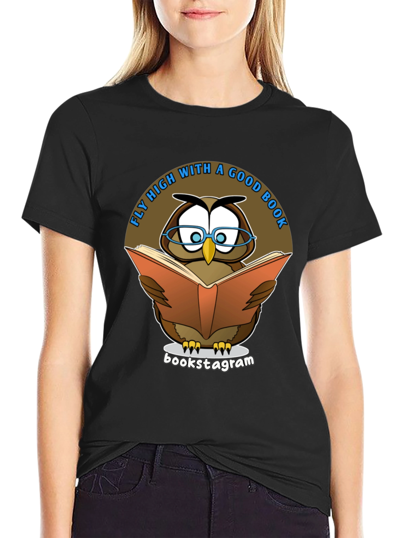 Black Fly High With A Good Book Owl T-Shirt view 2