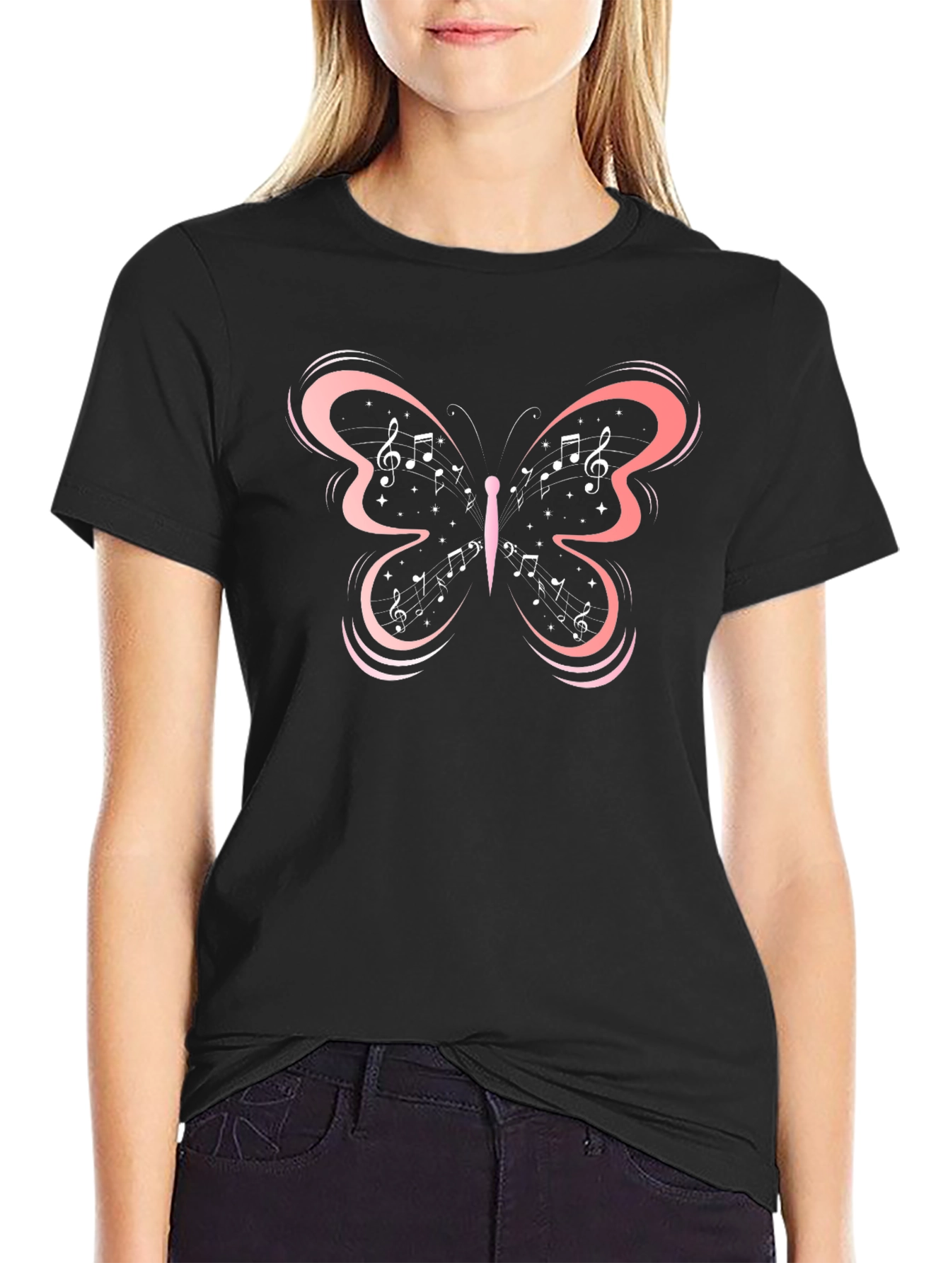 Black Music Note Butterfly Graphic Tee view 2