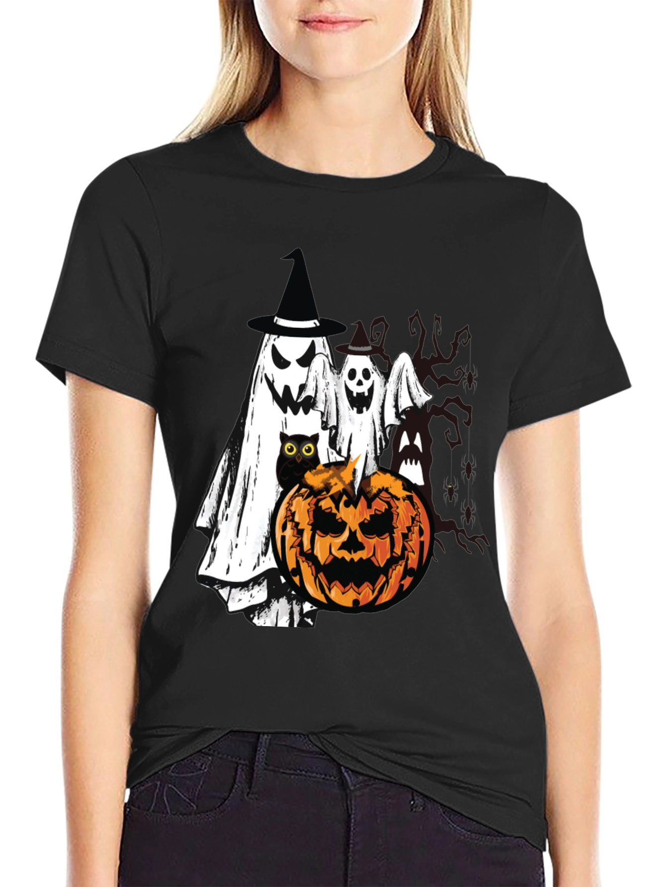 Black Halloween Ghost & Pumpkin T-Shirt view 2