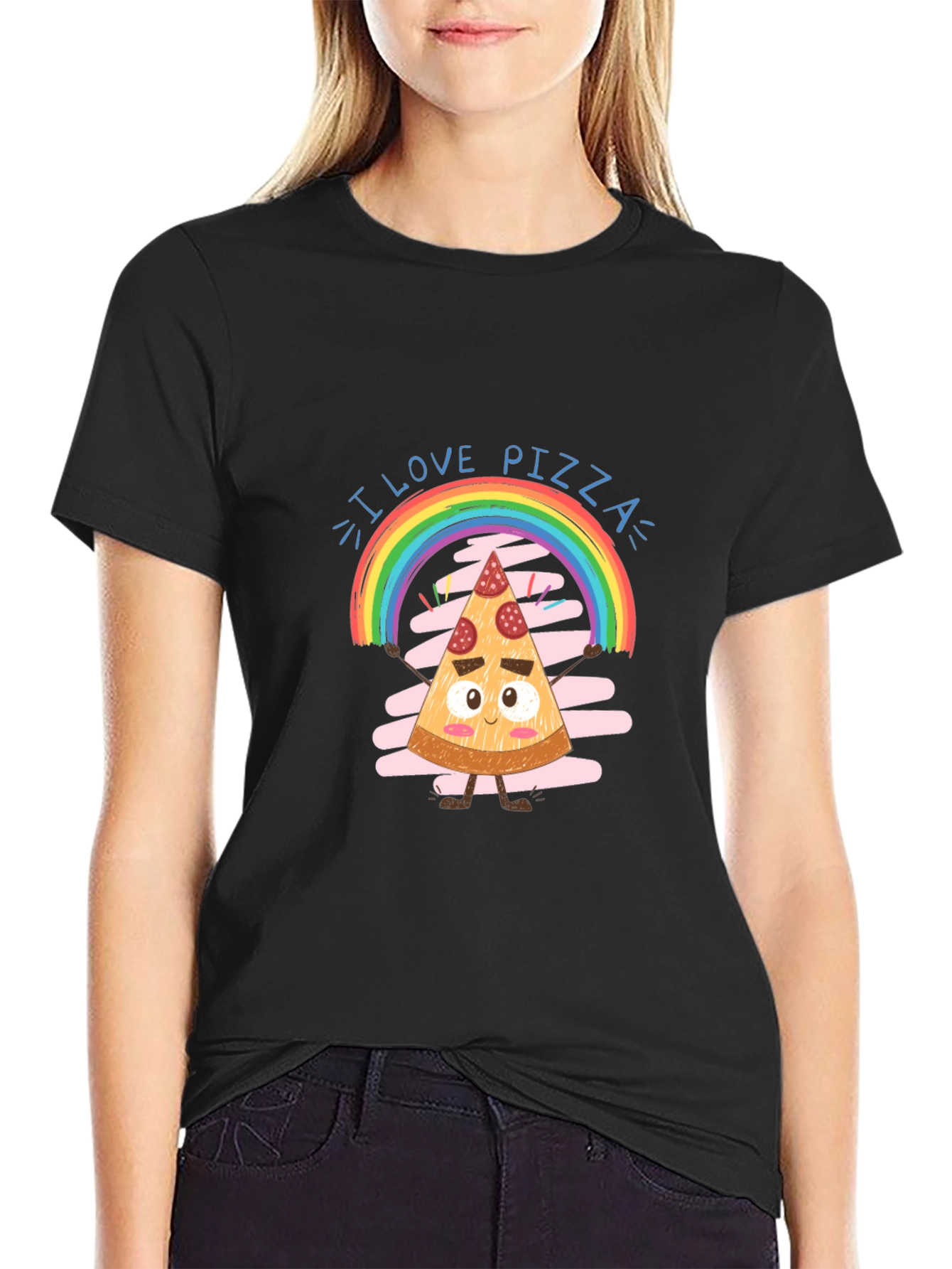 Black I Love Pizza Graphic Tee Rainbow Slice Black Cotton view 2