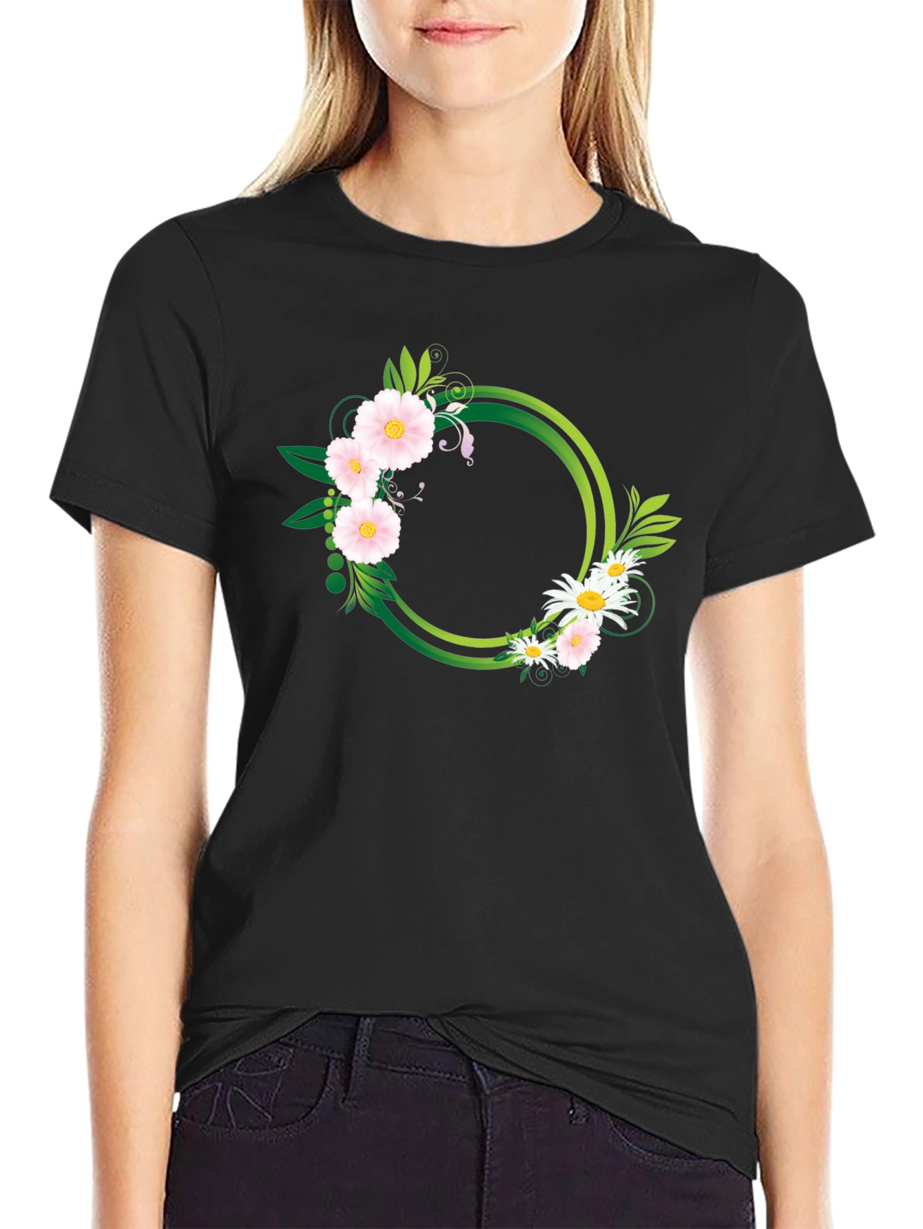 Black Floral Circle Graphic Black T-Shirt view 2