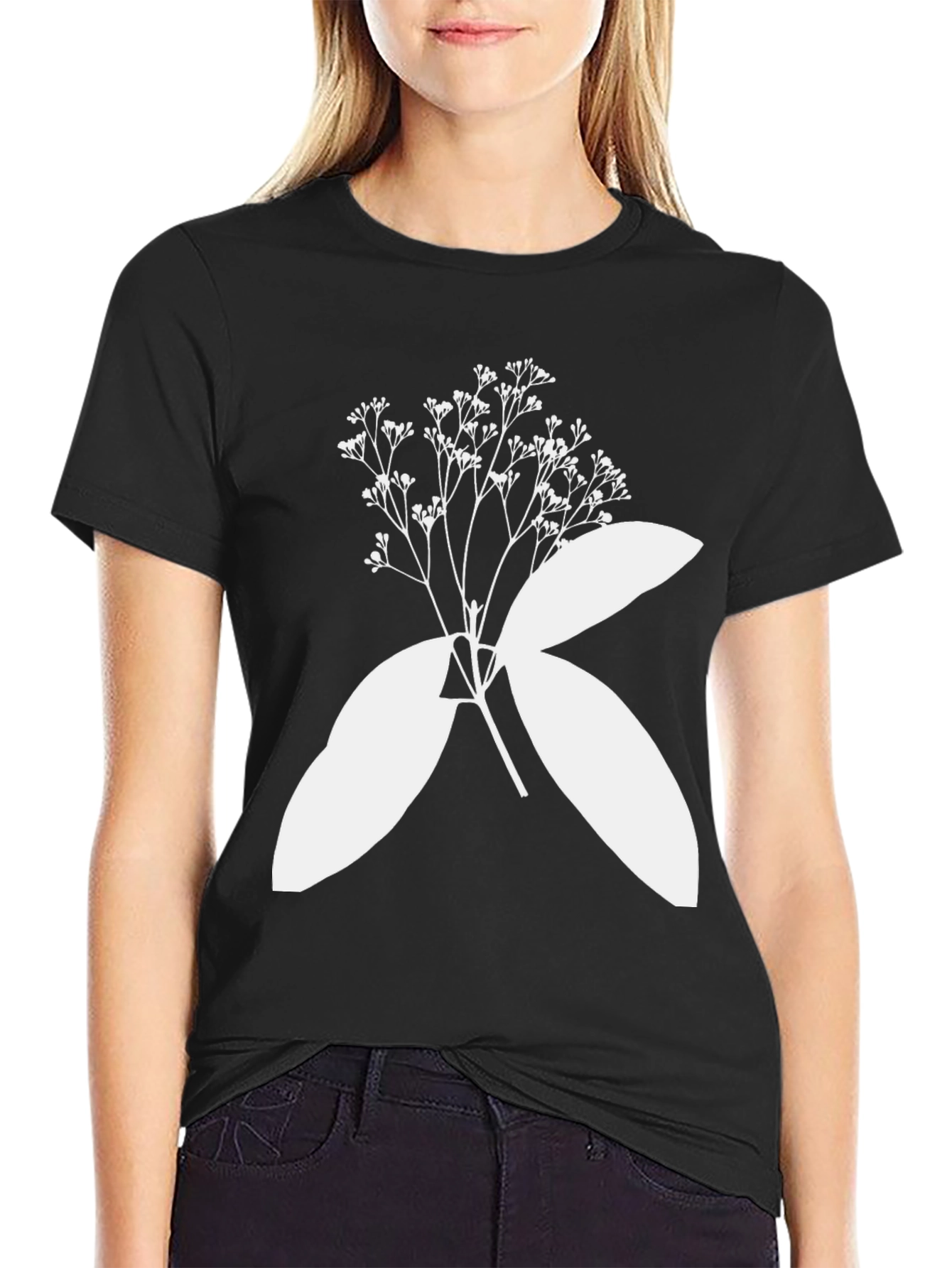 Black Black T-Shirt with Botanical White Print view 2