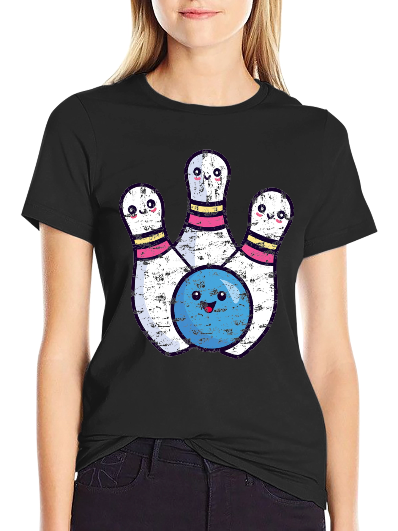 Black Cute Bowling Pins & Ball Graphic T-Shirt view 2