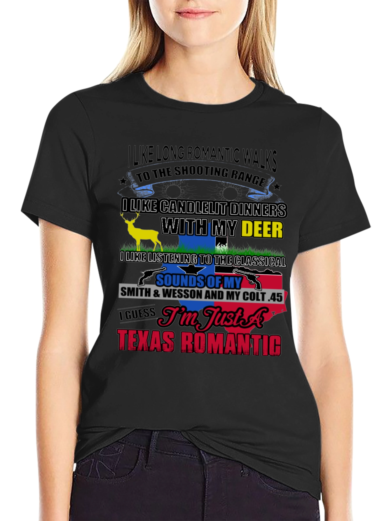 Black Texas Romantic T-Shirt: Guns & Deer view 2