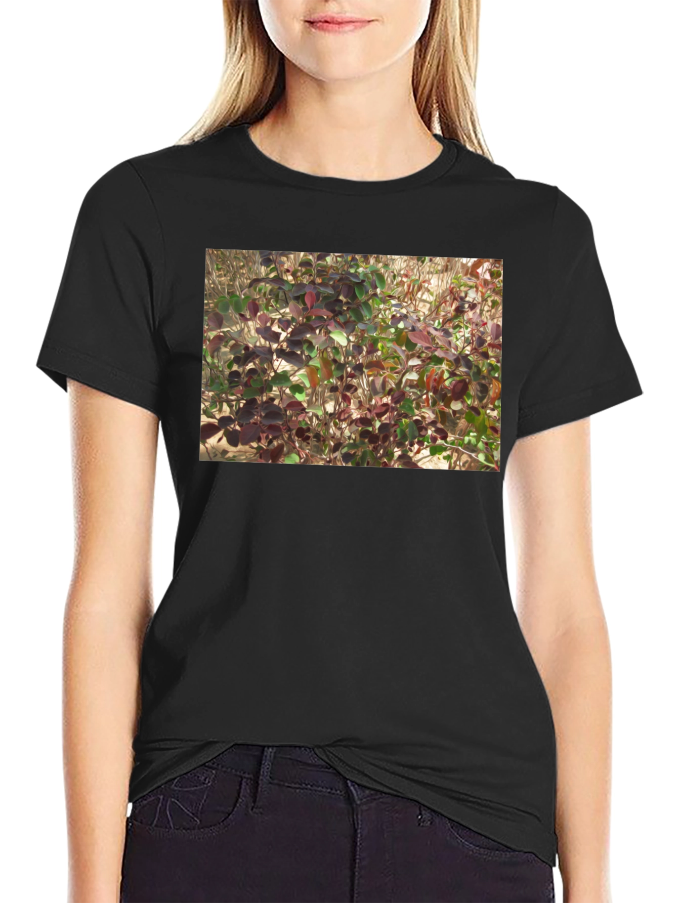 Black Nature Leaves Print Black T-Shirt view 2
