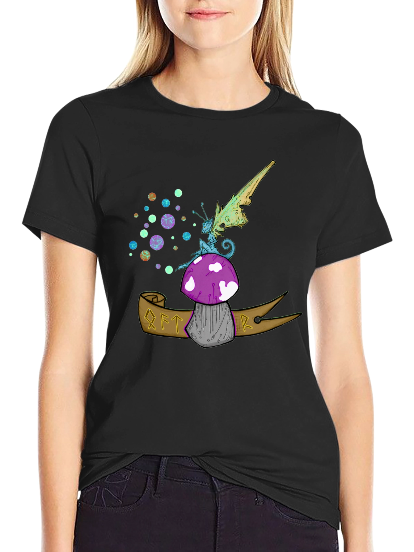 Black Whimsical Fairy Mushroom Graphic Tee - Black view 2