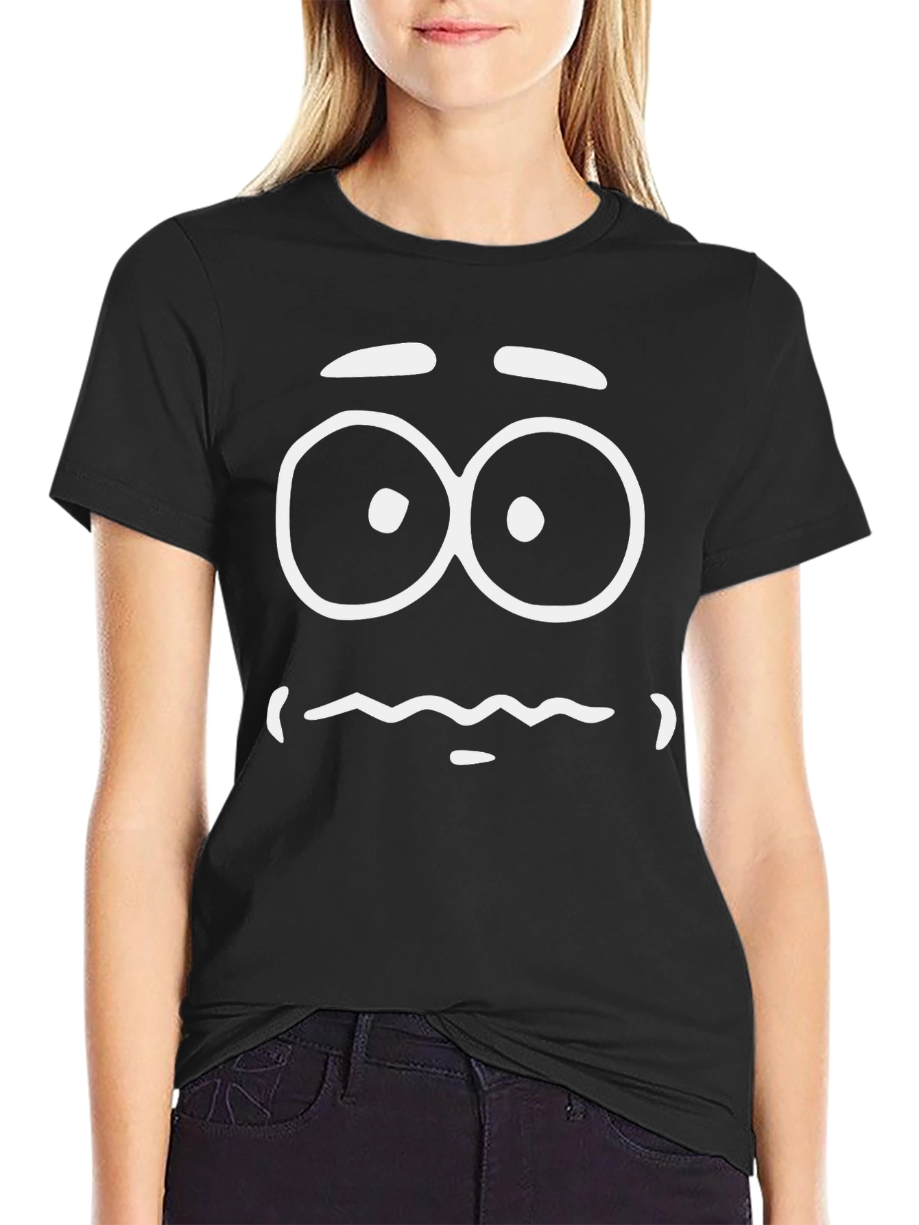Black Funny Cartoon Face Graphic Tee - Black Cotton T-Shirt view 2